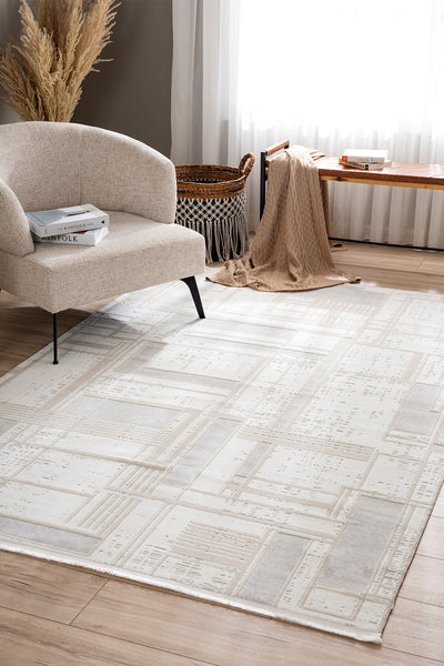 Farahan Gri Bej Geometrik Desenli Halı A0860A