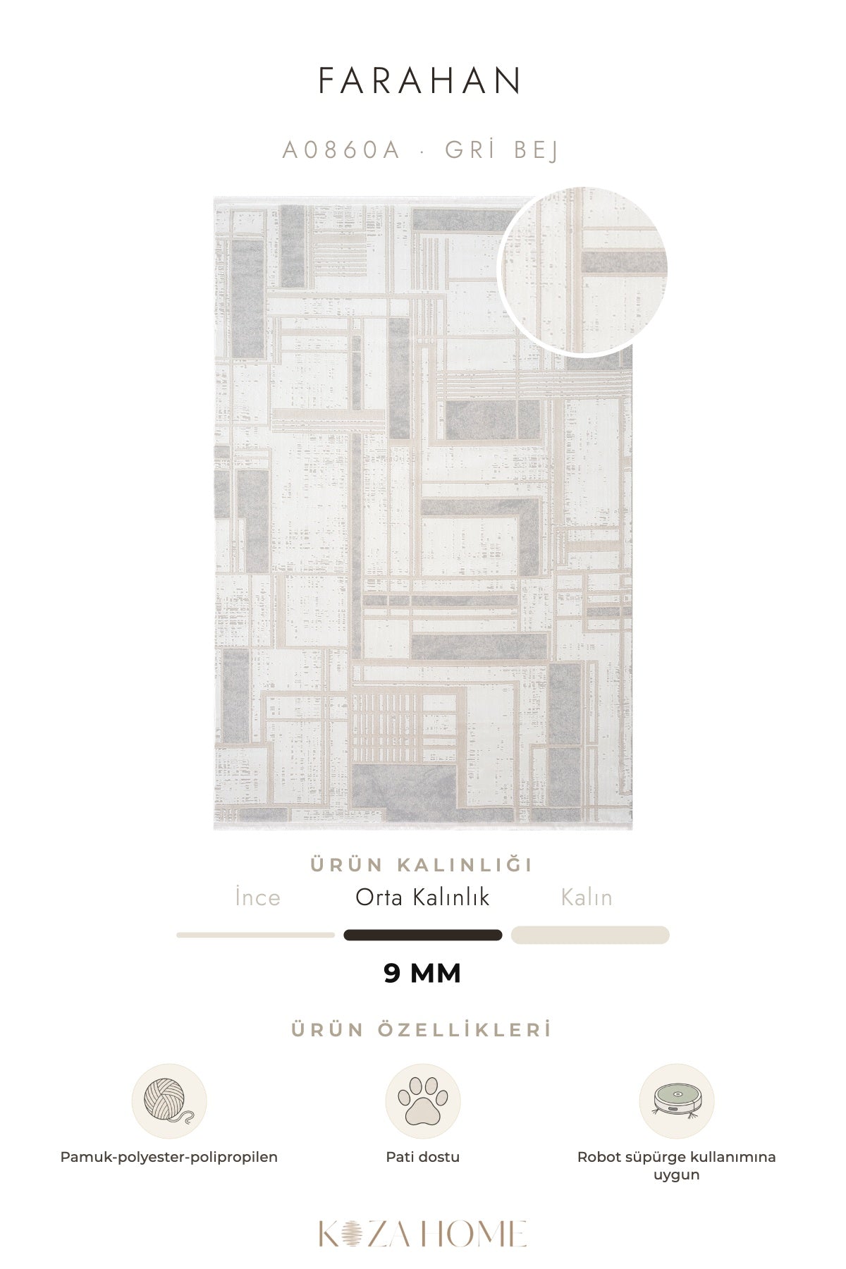 Farahan Gri Bej Geometrik Desenli Halı A0860A