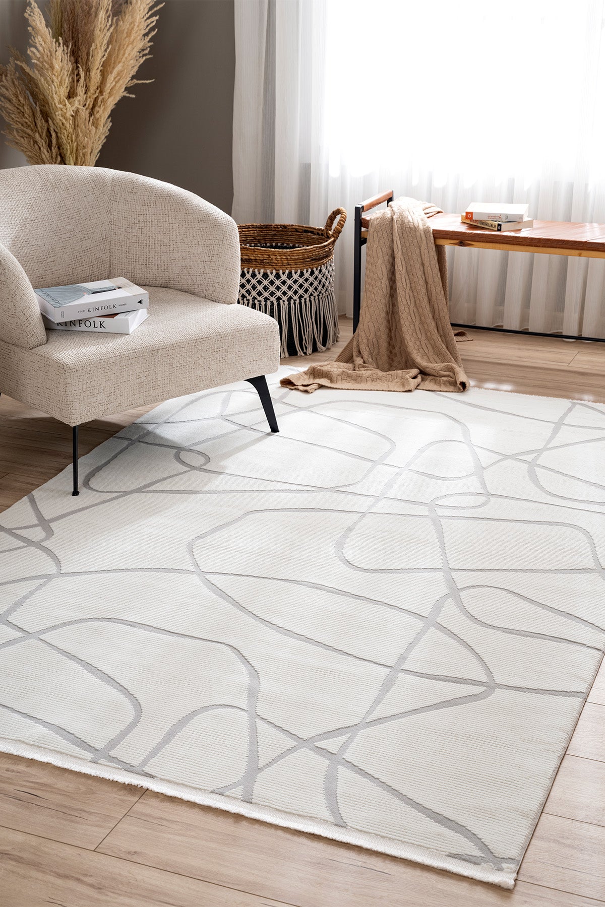 Farahan Krem Gri Geometrik Tozumaz Salon Koridor Balkon Teras Bahçe Oturma Odası Halısı A0858A