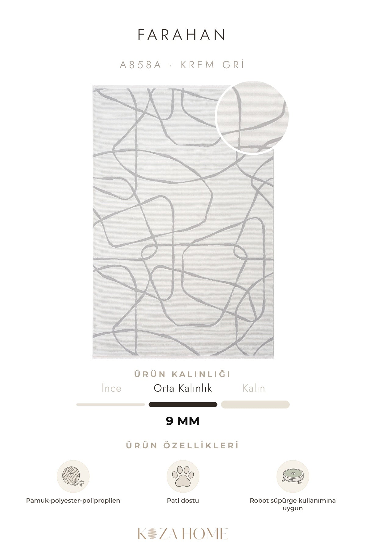 Farahan Krem Gri  Geometrik Desenli Halı A0858A