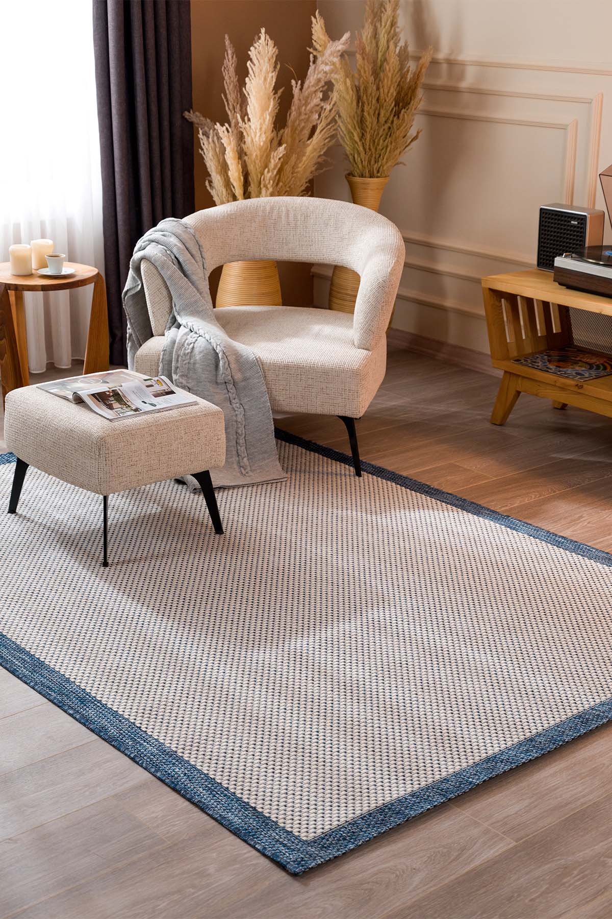 Fresco Ekru Lacivert İskandinav Jüt Yıkanabilir Halı Kilim Balkon Teras Salon Koridor Halısı 23745A