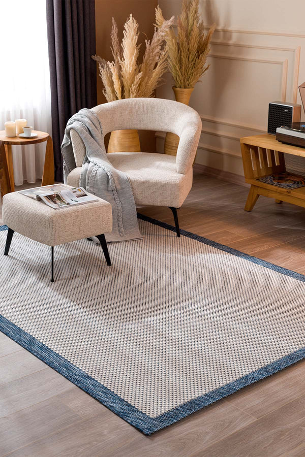 Fresco Ekru Lacivert Yıkanabilir Halı 23745A