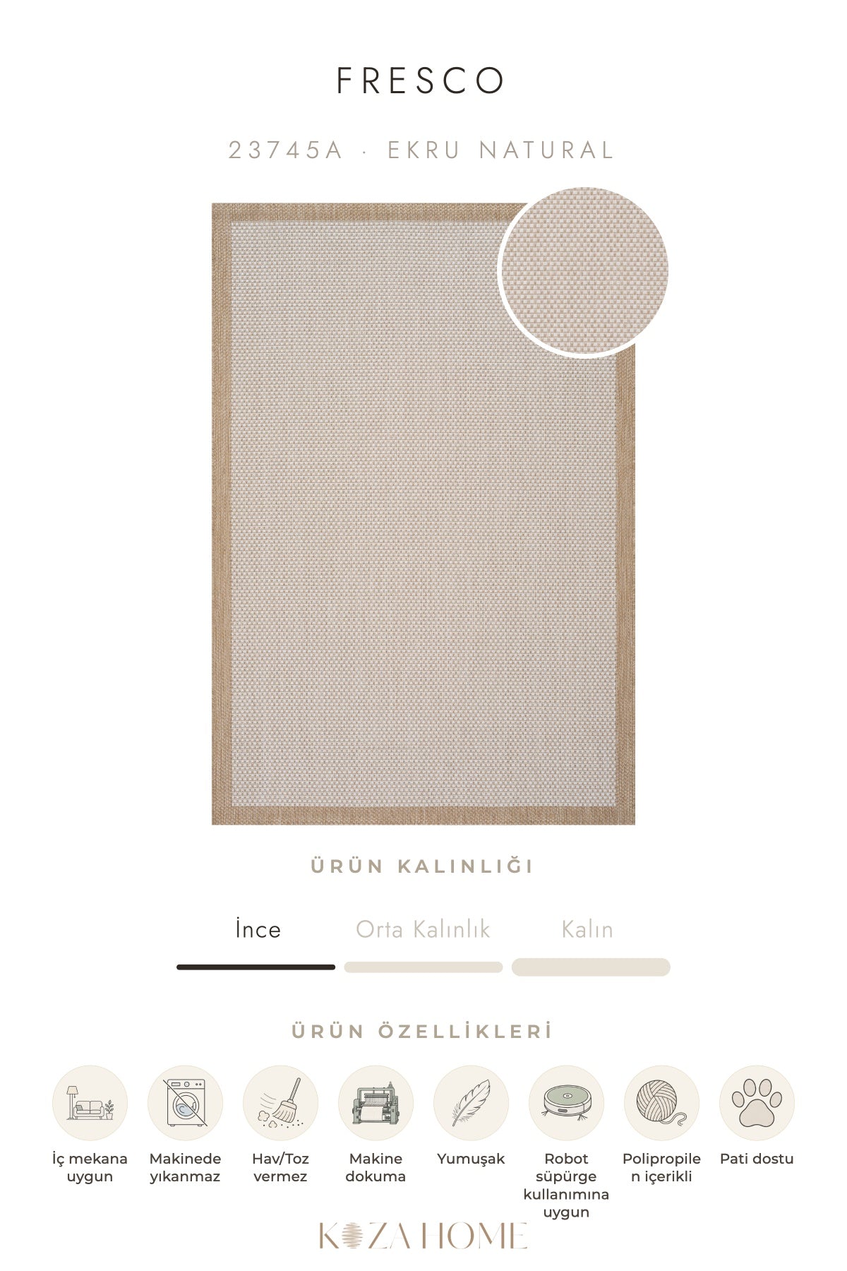 Fresco Ekru Natural Yıkanabilir Halı 23745A