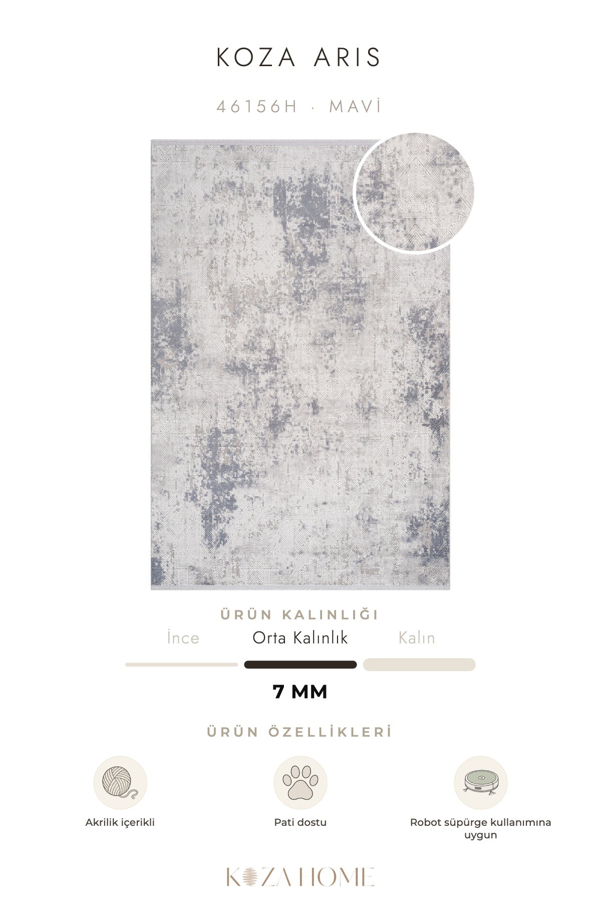 Koza Aris Mavi Modern Desenli Salon Halısı 46156H