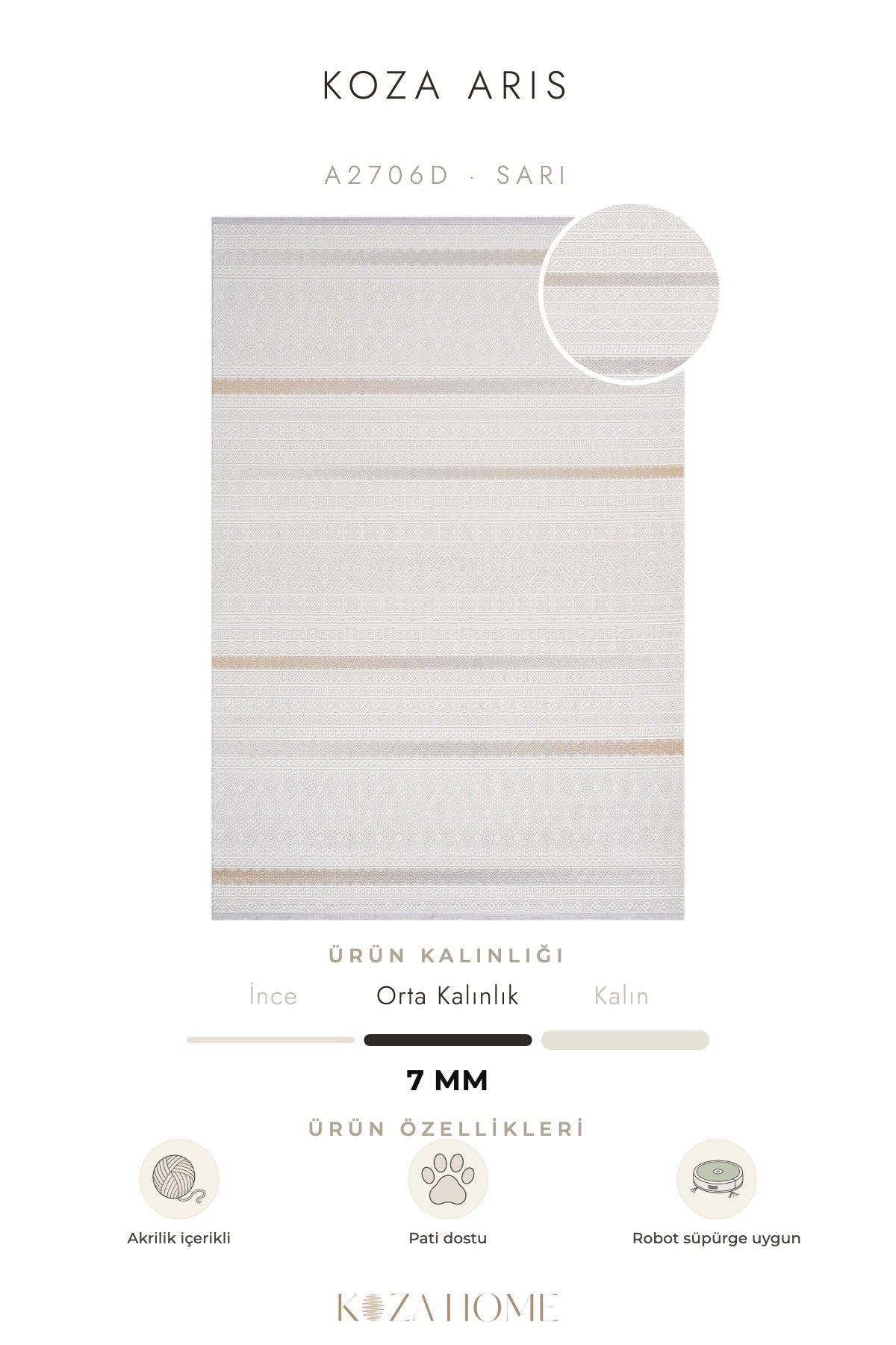 Koza Aris Sari Modern Desenli Salon Halısı A2706D
