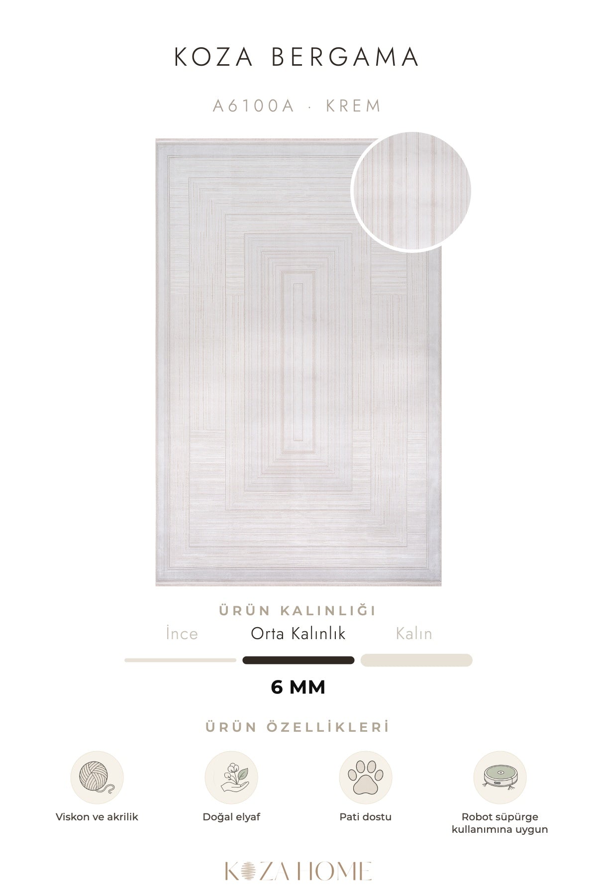 Koza Bergama Krem Viskon Salon Halısı A6100A