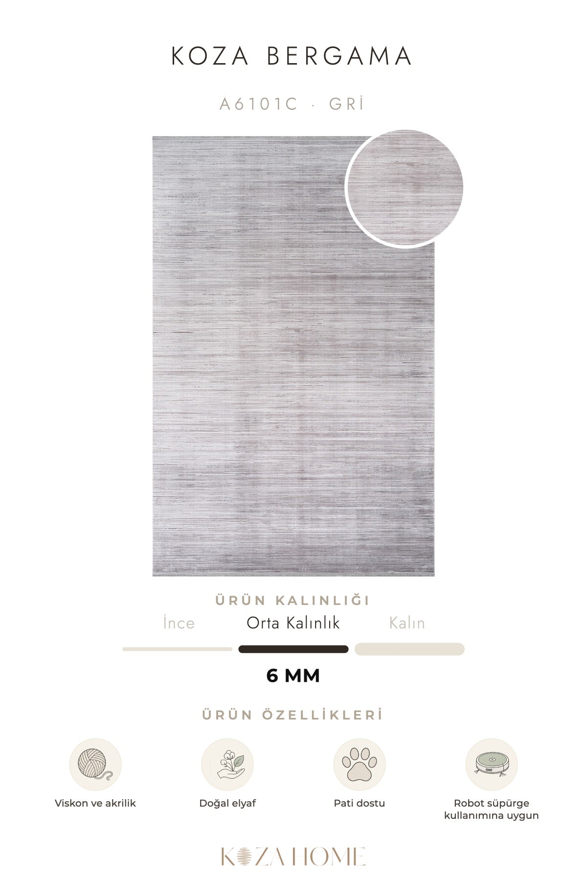 Koza Bergama Gri Viskon Salon Halısı A6101C