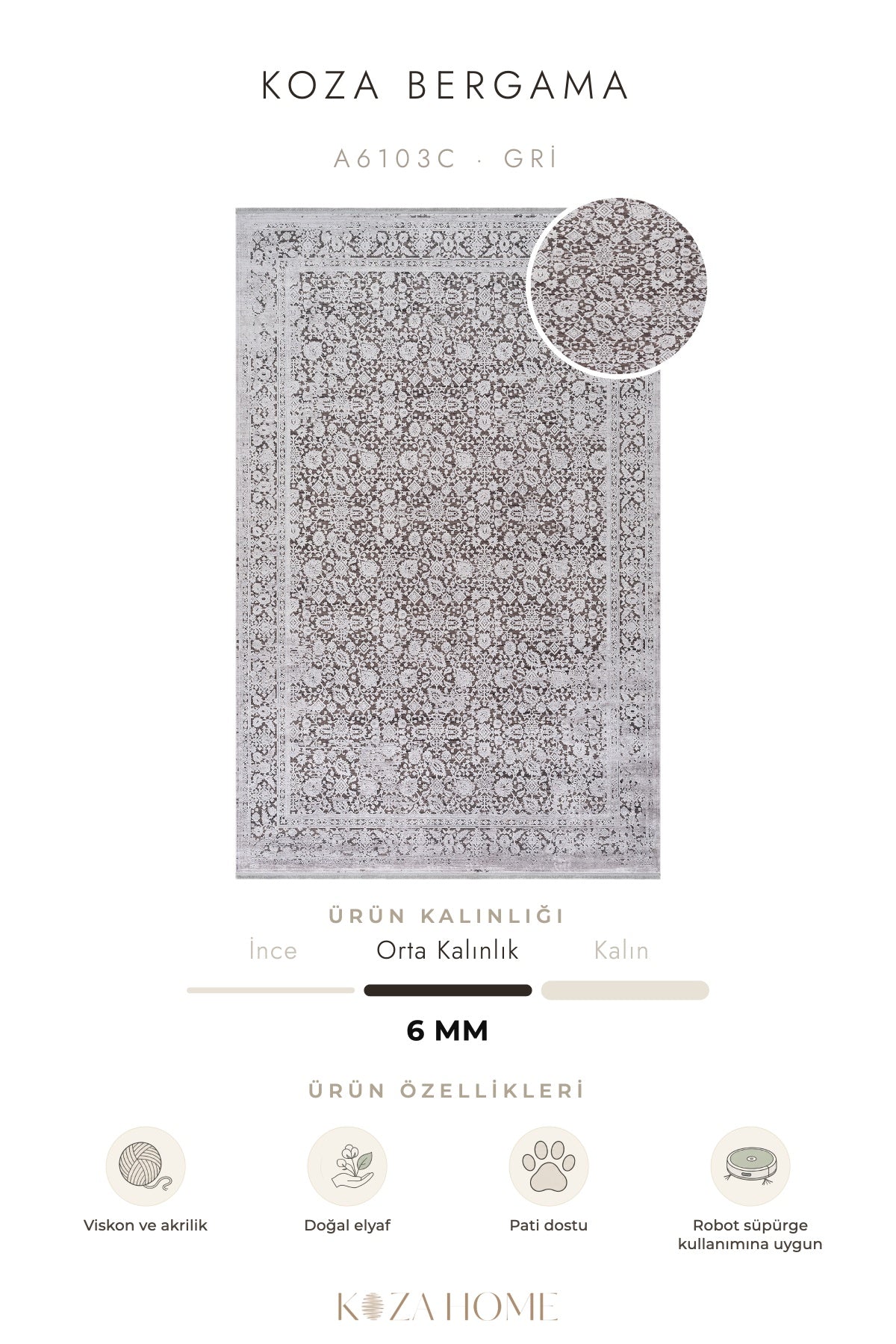 Koza Bergama Gri Viskon Salon Halısı A6103C