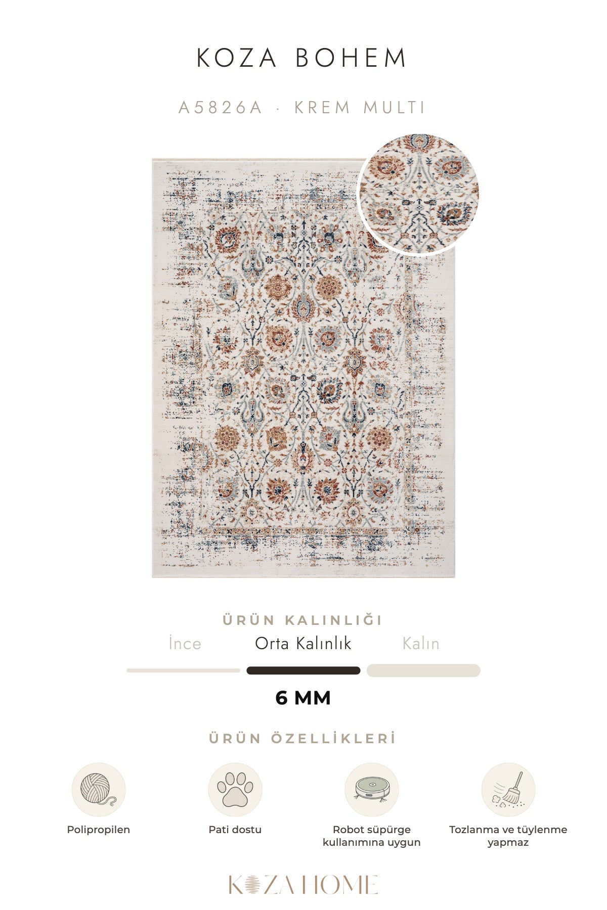 Koza Bohem Krem Multi Etnik Salon Halısı A5826A