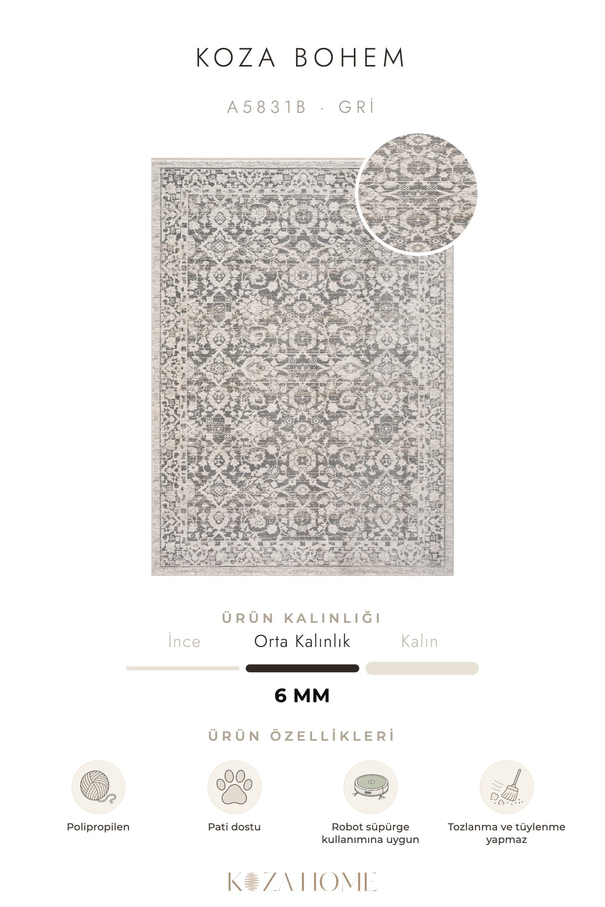 Koza Bohem Gri Etnik Salon Halısı A5831B