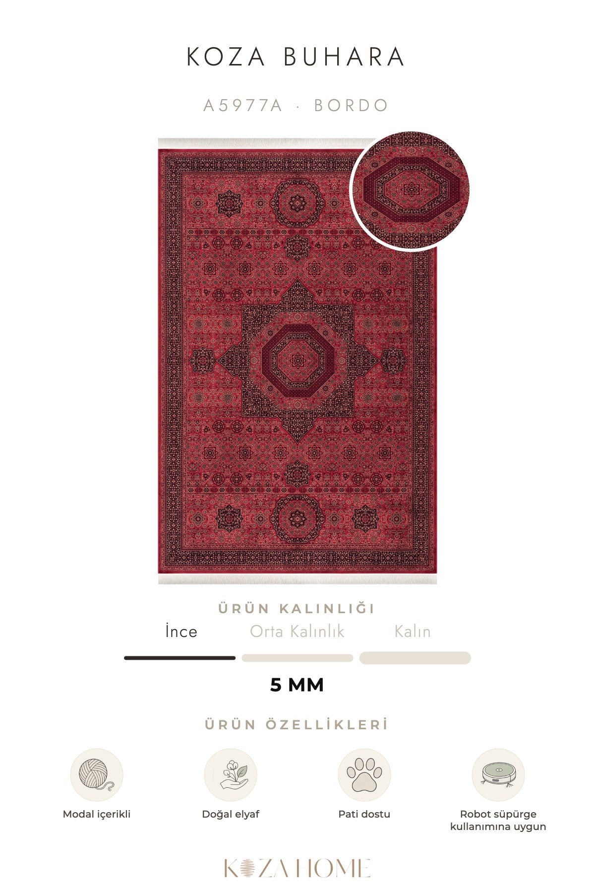 Koza Buhara Bordo Klasik Motifli Salon Halısı A5977A
