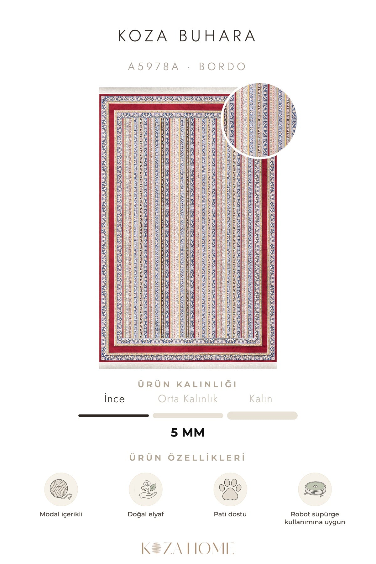 Koza Buhara Bordo Klasik Motifli Salon Halısı A5978A