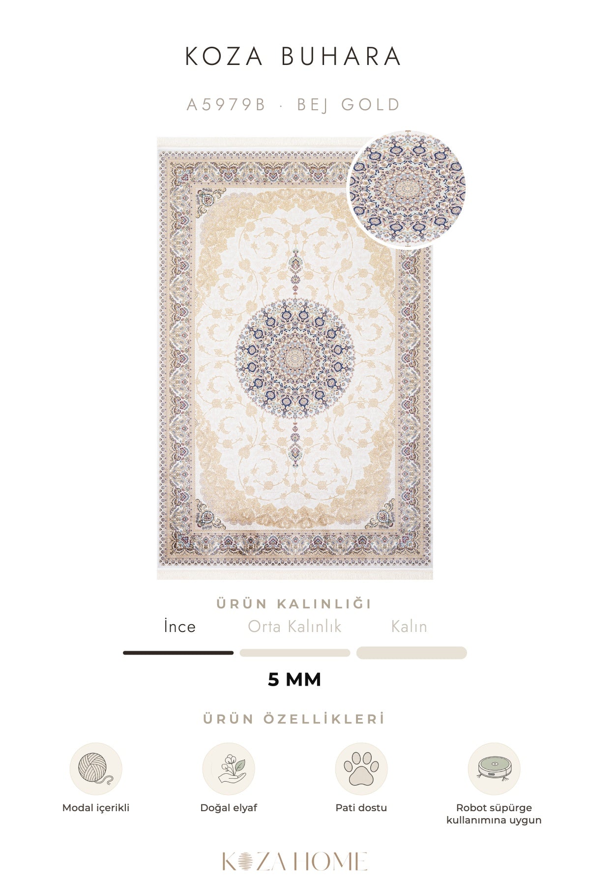 Koza Buhara Bej Gold Klasik Motifli Salon Halısı A5979B