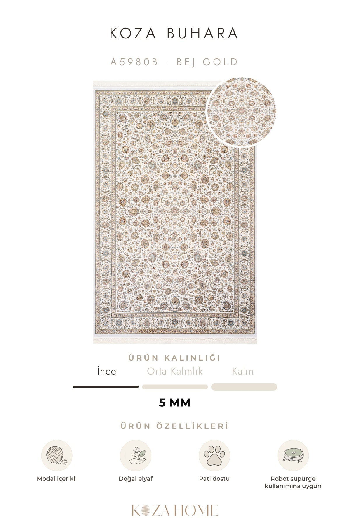 Koza Buhara Bej Gold Klasik Motifli Salon Halısı A5980B