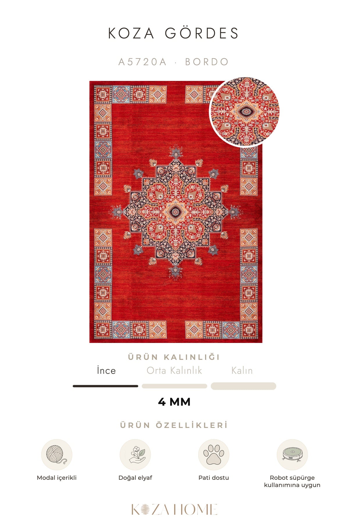 Koza Gördes Bordo Göbekli Salon Halısı A5720A