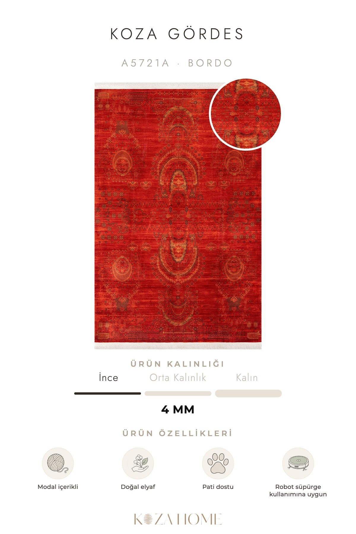 Koza Gördes Bordo Göbekli Salon Halısı A5721A