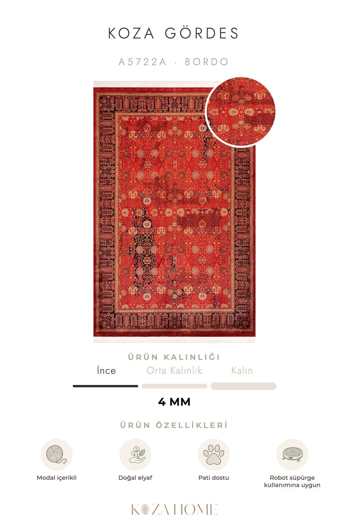 Koza Gördes Bordo Göbekli Salon Halısı A5722A