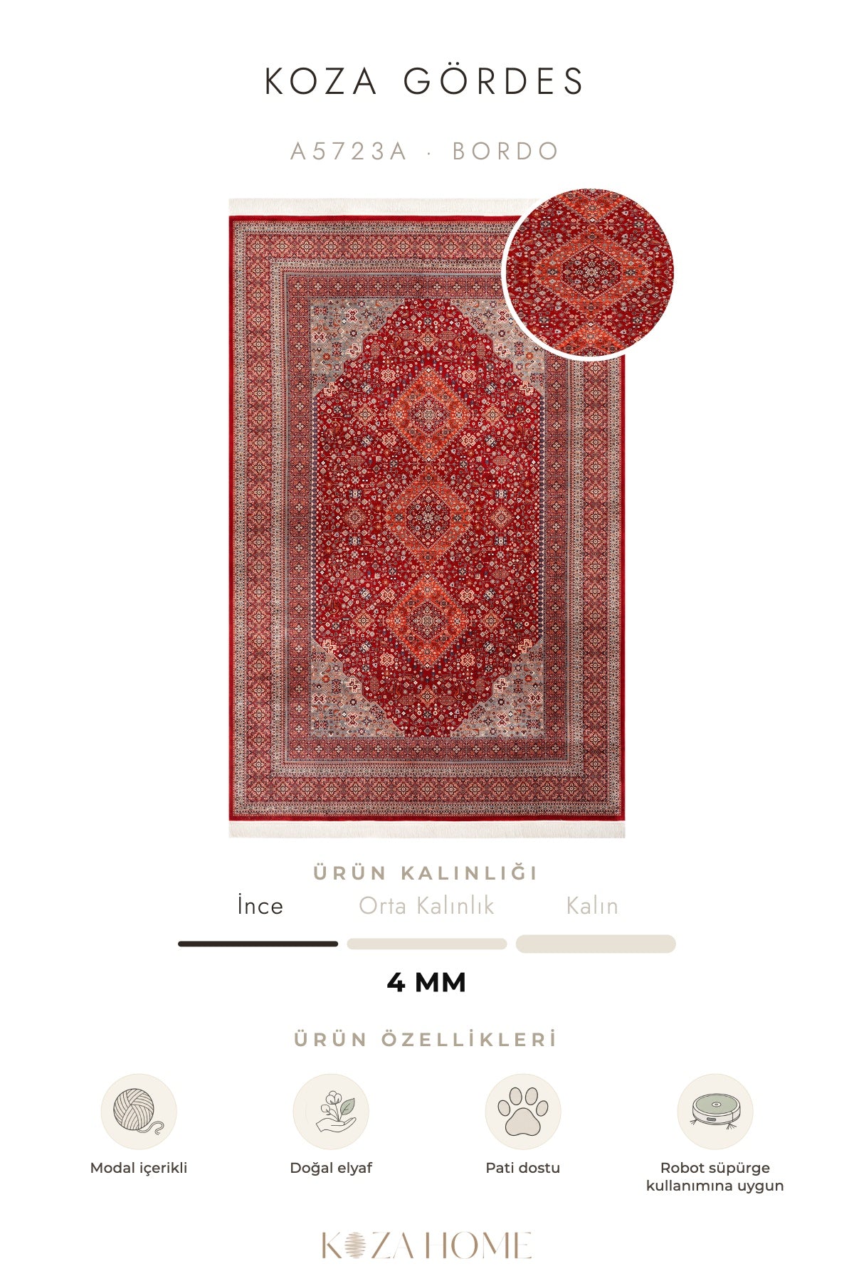 Koza Gördes Bordo Göbekli Salon Halısı A5723A