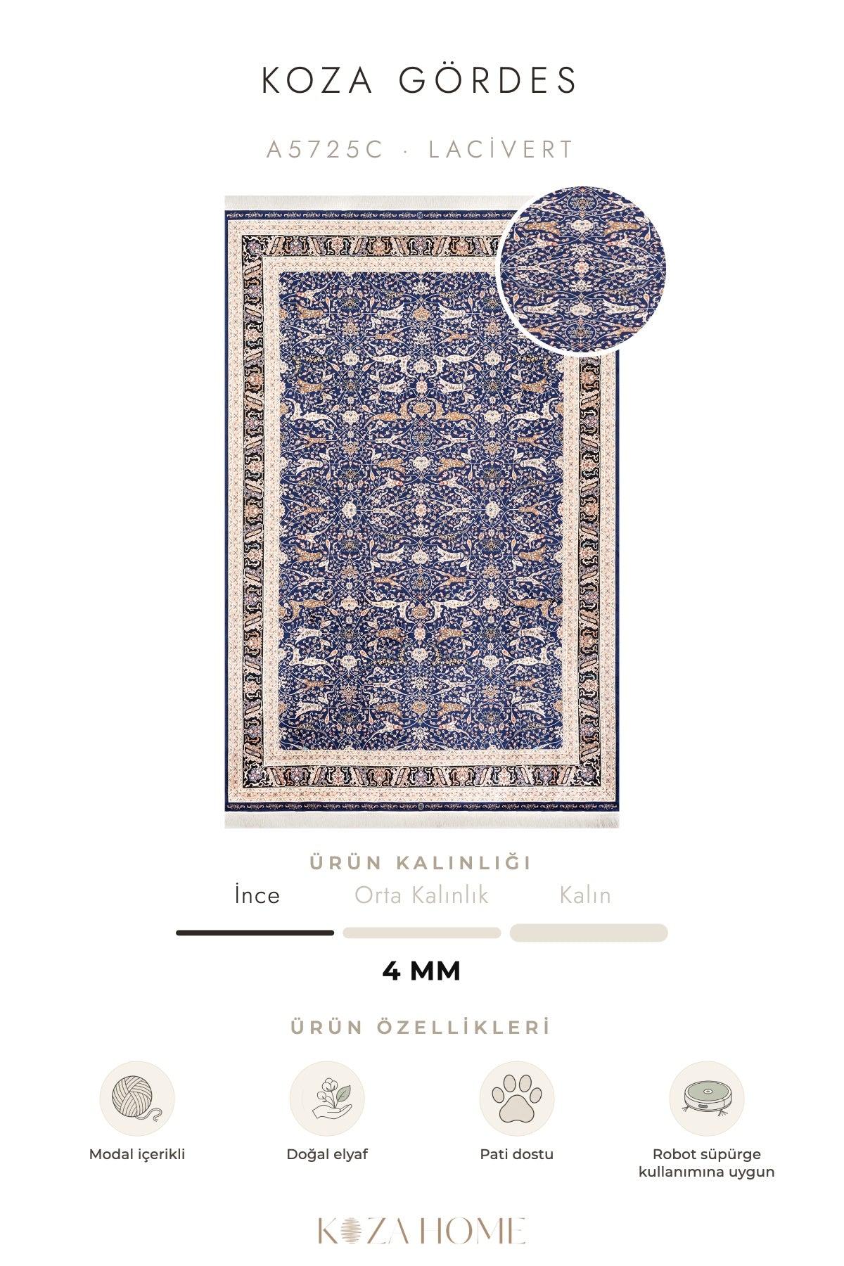 Koza Gördes Lacivert Göbekli Salon Halısı A5725C