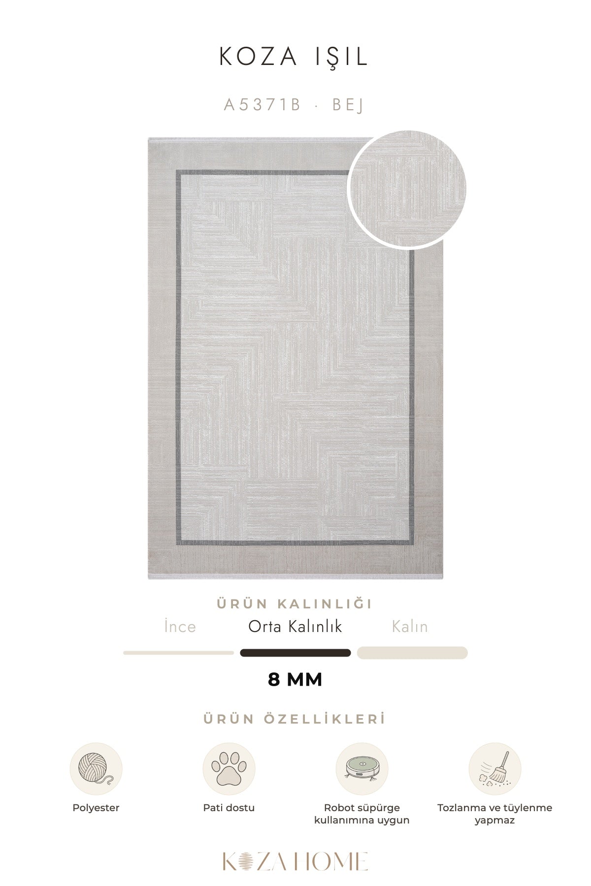 Koza Işıl Bej Çizgisel Salon Halısı A5371B