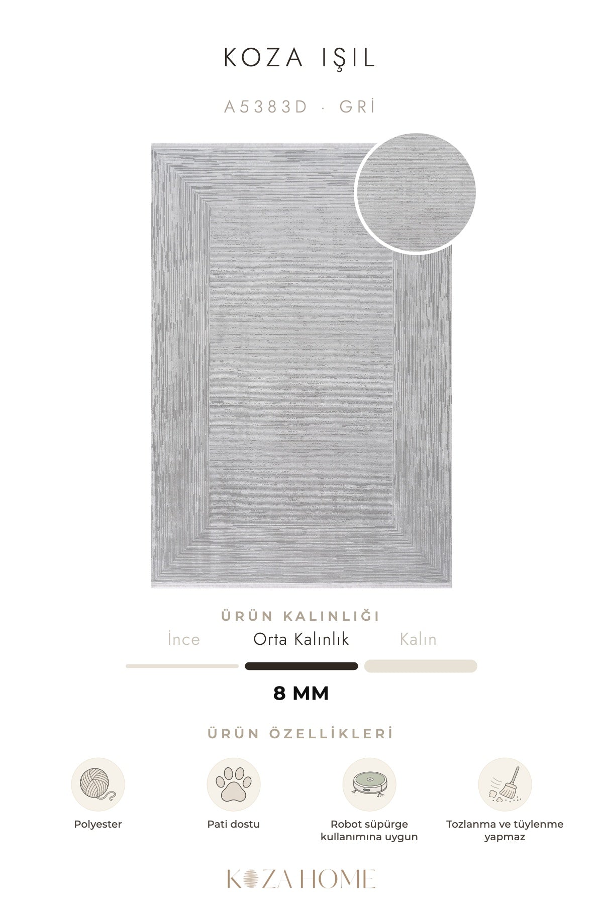 Koza Işıl Gri Çizgisel Salon Halısı A5383D