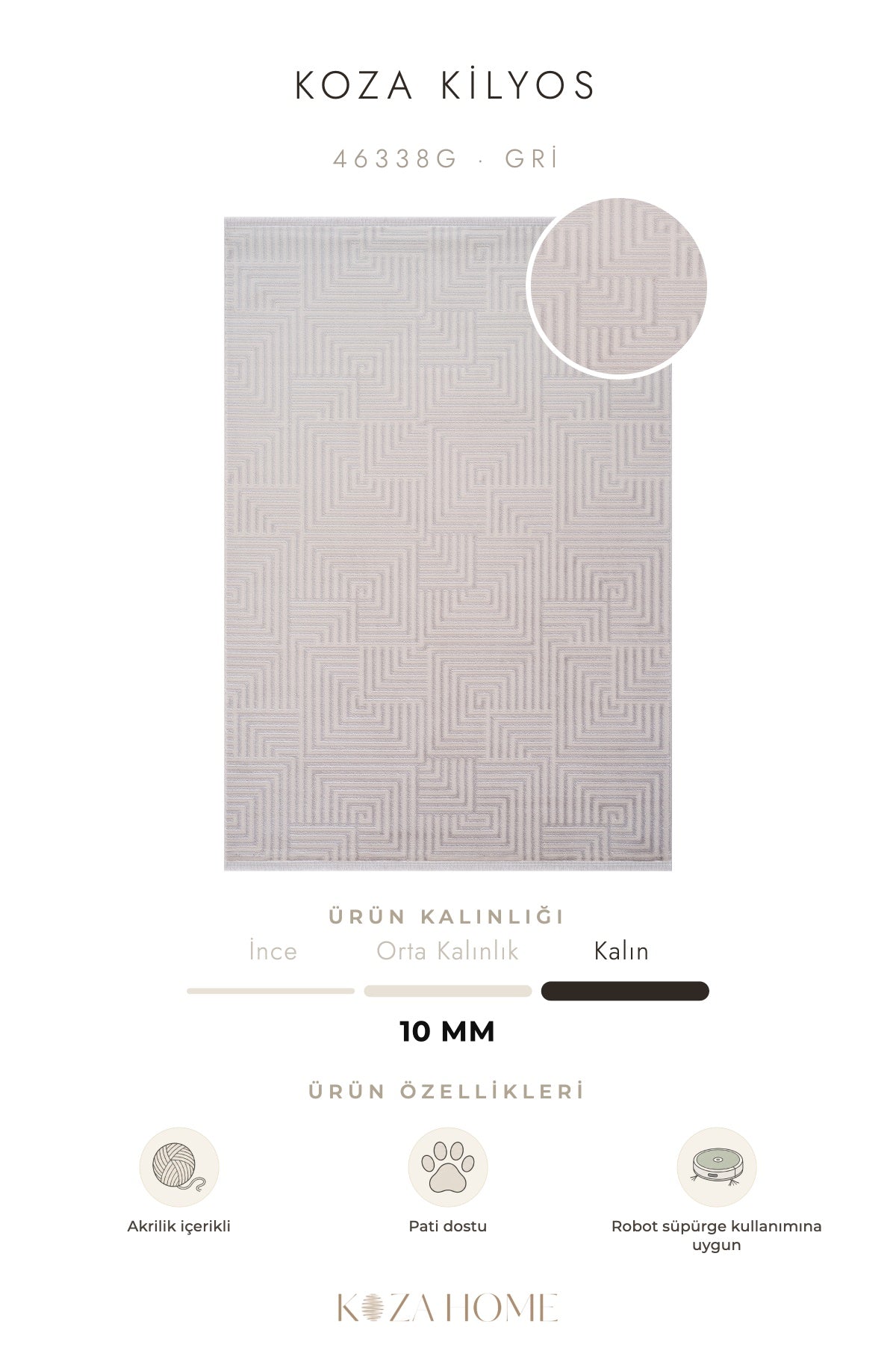 Koza Kilyos Gri Pastel Salon Halısı 46338G