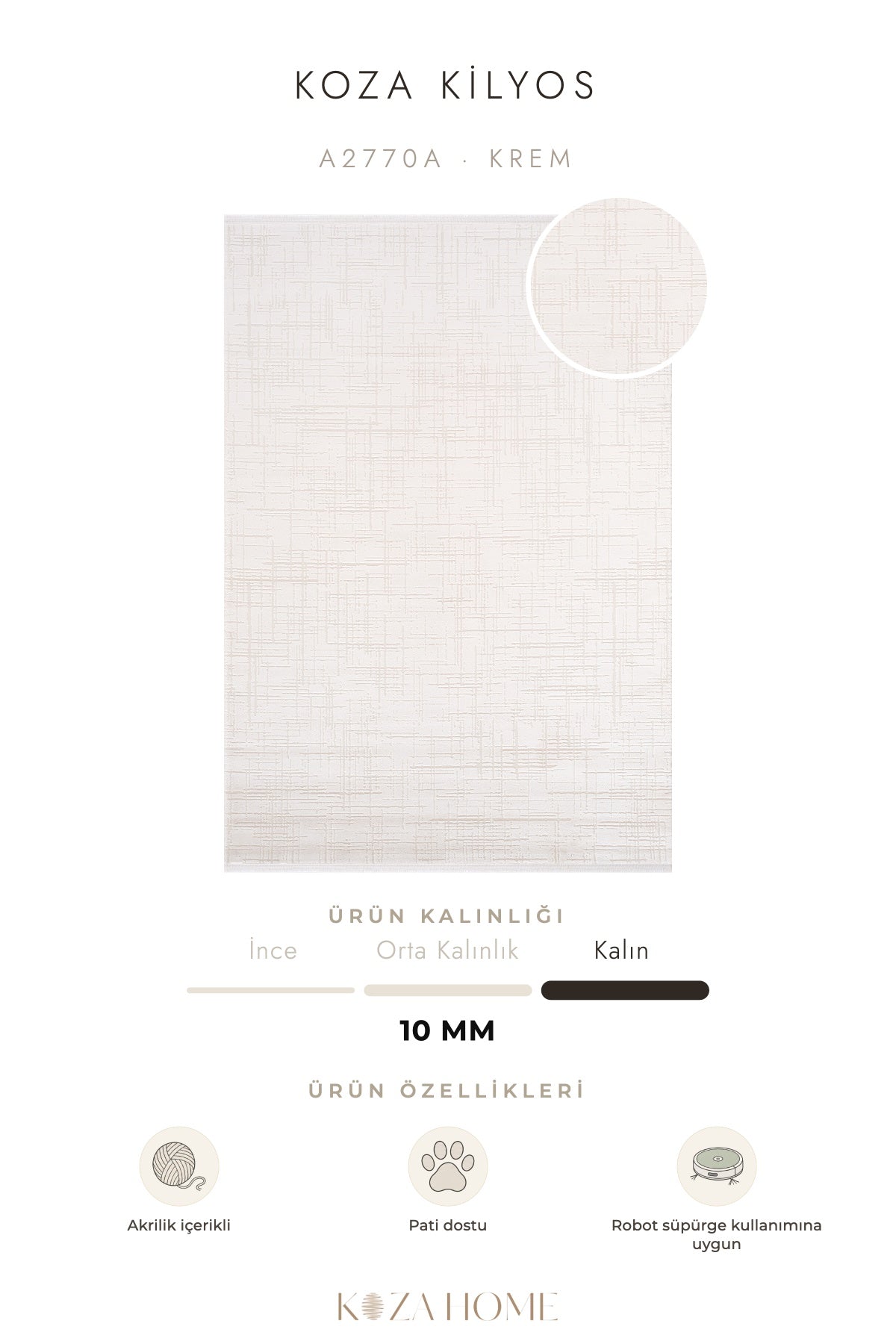 Koza Kilyos Krem Pastel Salon Halısı A2770A