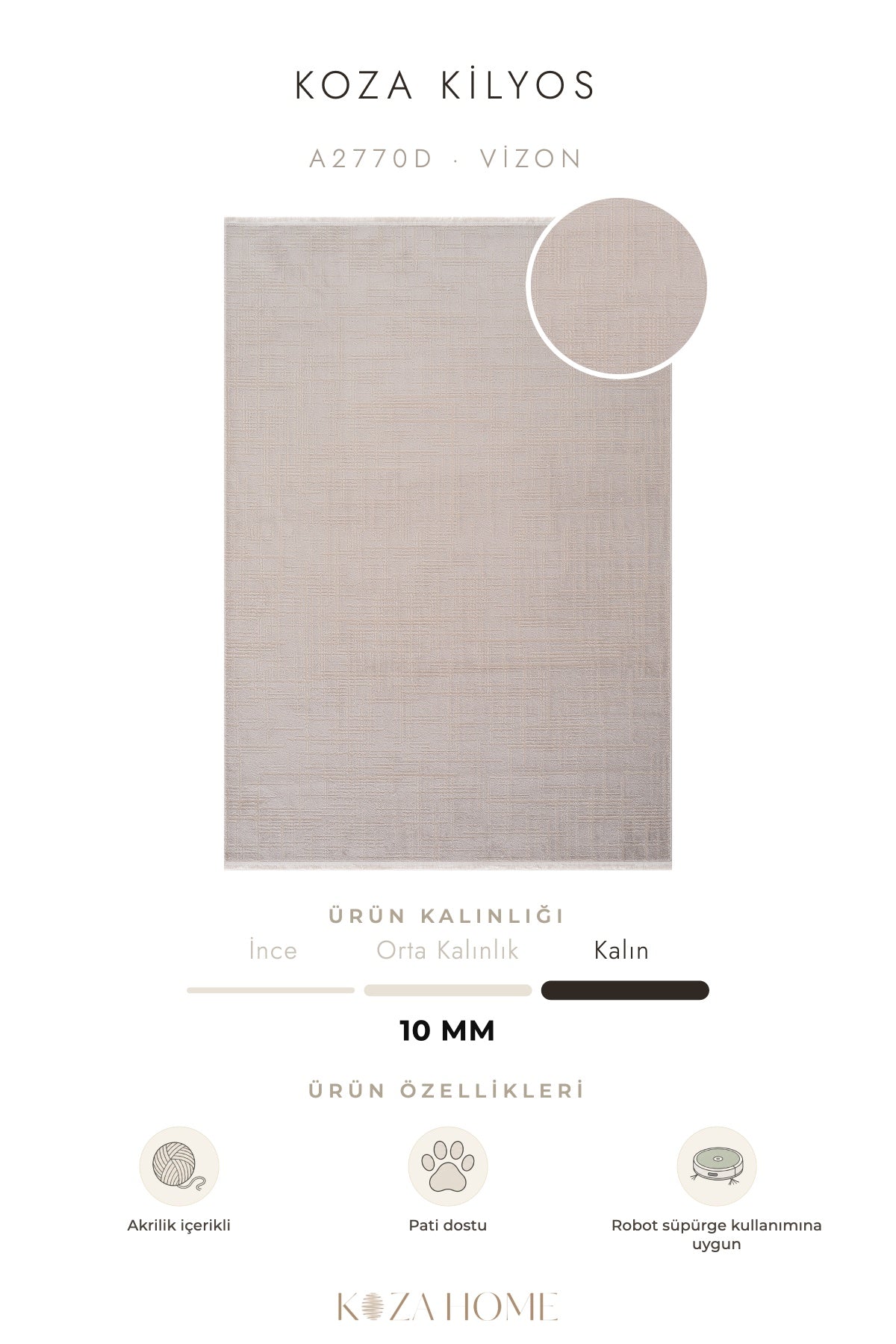 Koza Kilyos Vizon Pastel Salon Halısı A2770D