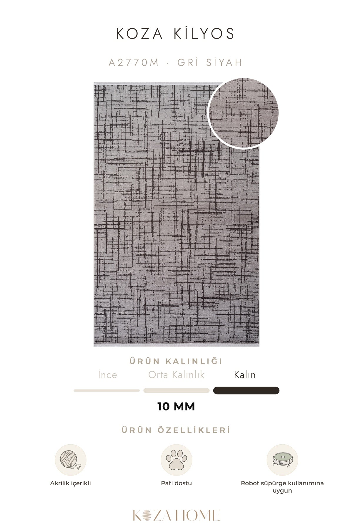 Koza Kilyos Gri Siyah Pastel Salon Halısı A2770M