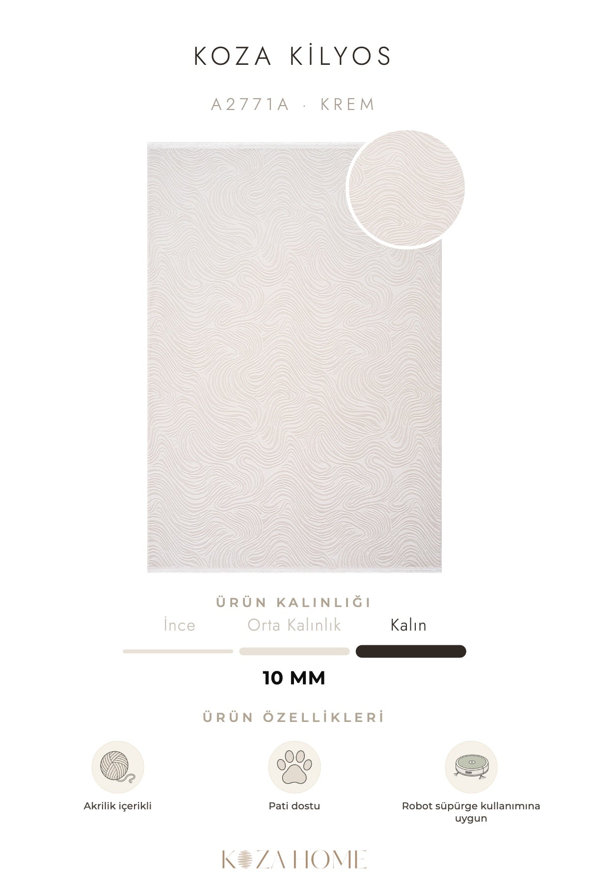 Koza Kilyos Krem Pastel Salon Halısı A2771A