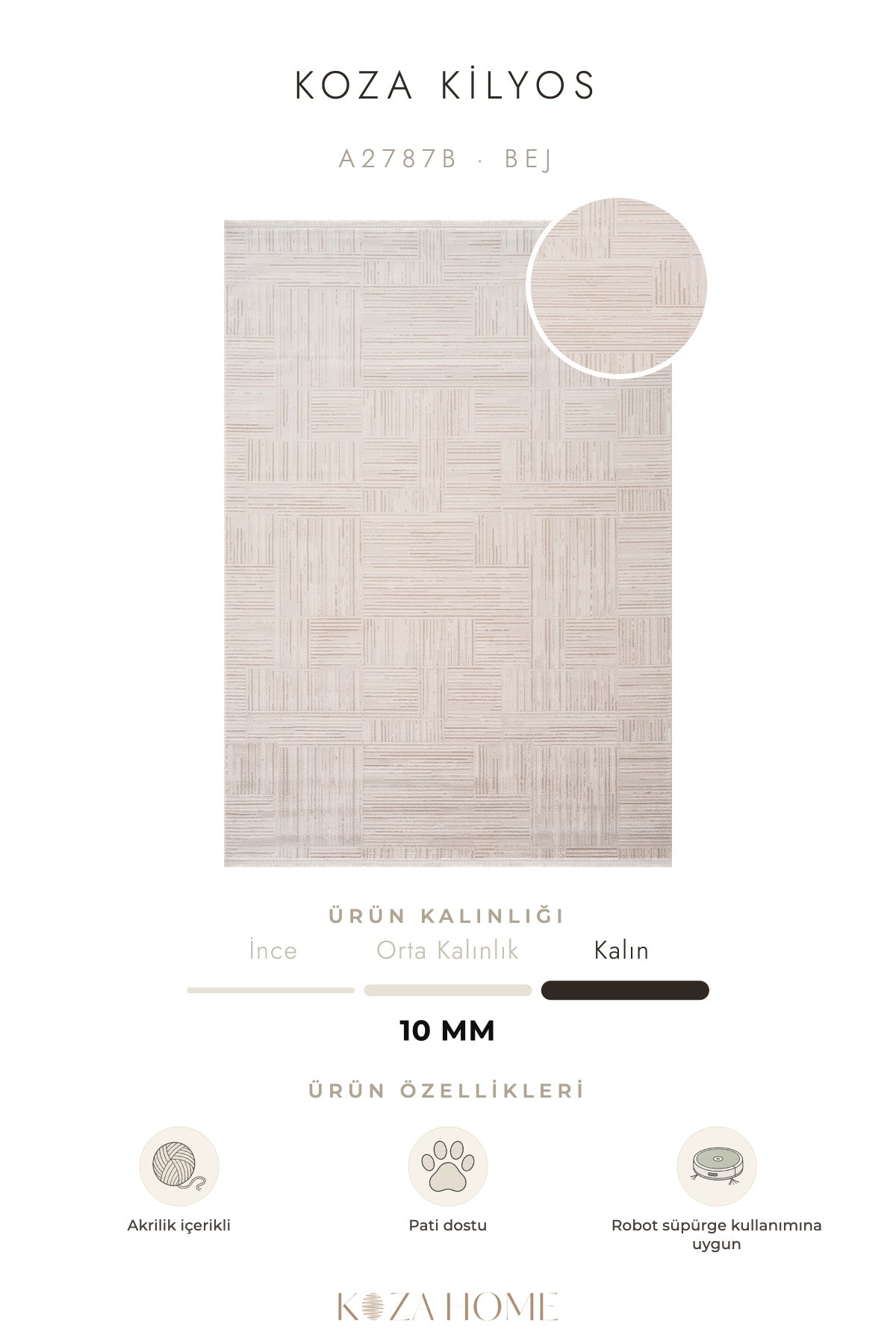 Koza Kilyos Bej Pastel Salon Halısı A2787B