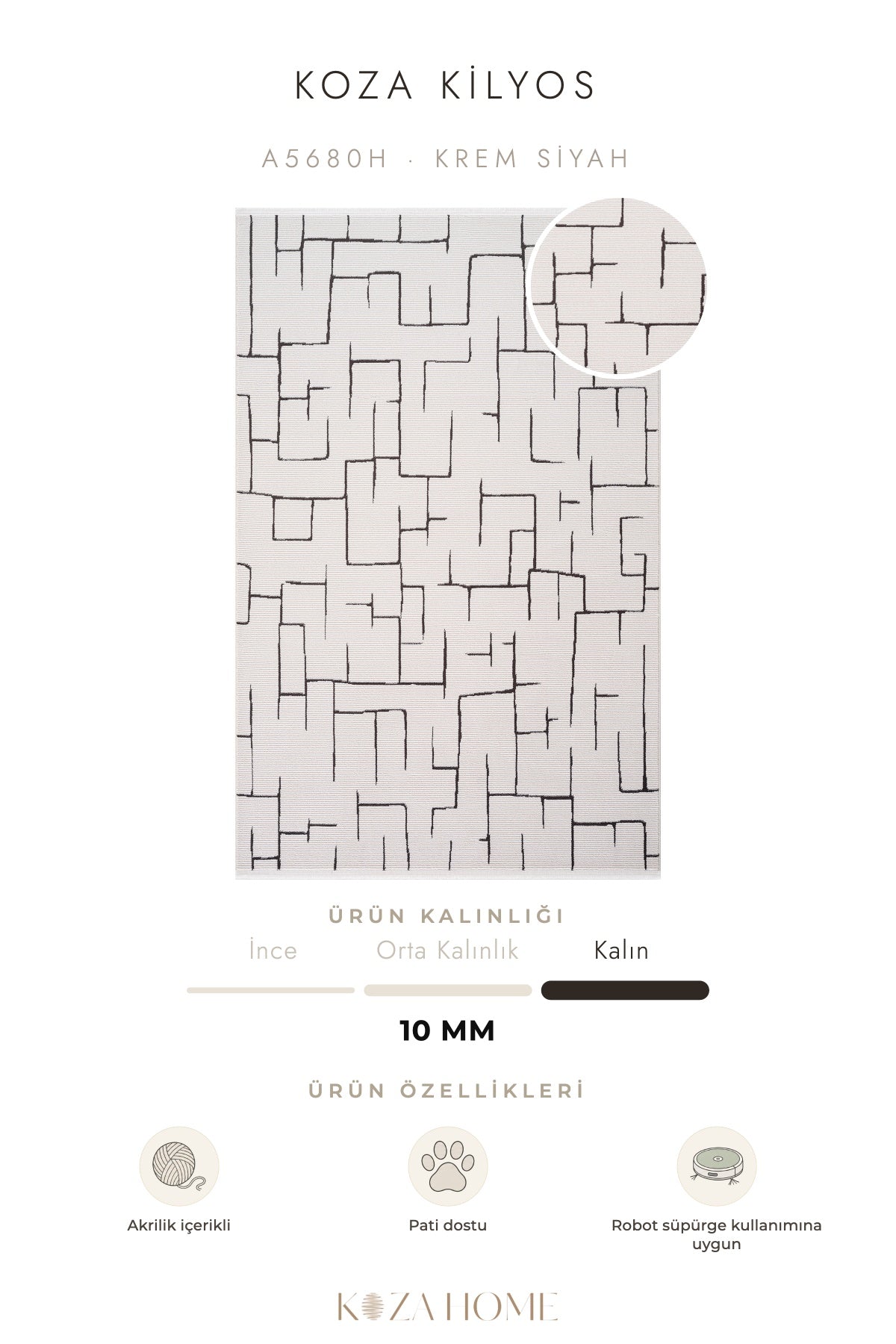 Koza Kilyos Krem Siyah Pastel Salon Halısı A5680H