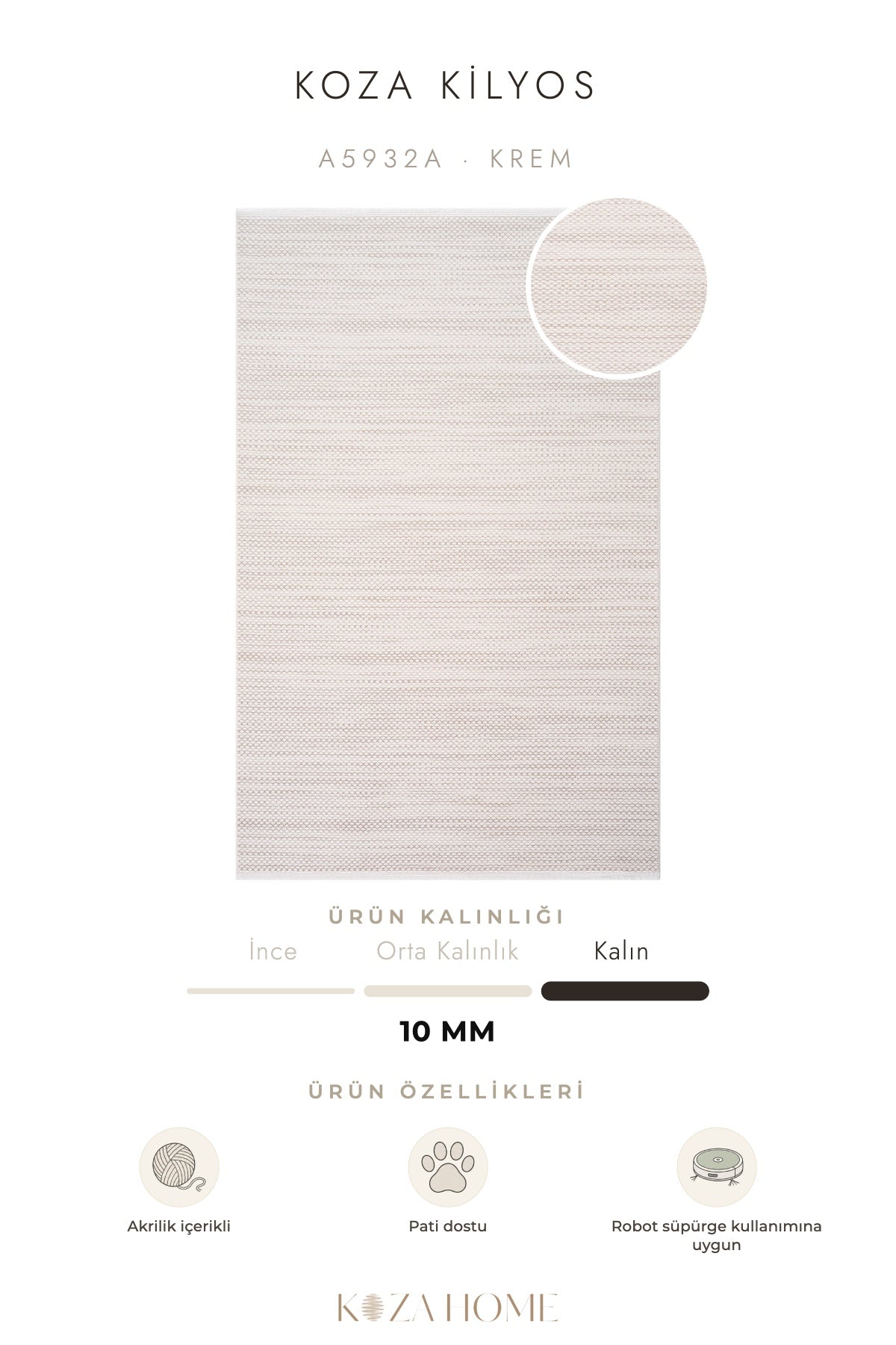 Koza Kilyos Krem Pastel Salon Halısı A5932A