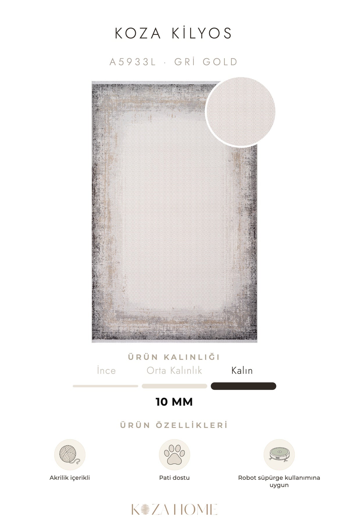 Koza Kilyos Gri Gold Pastel Salon Halısı A5933L