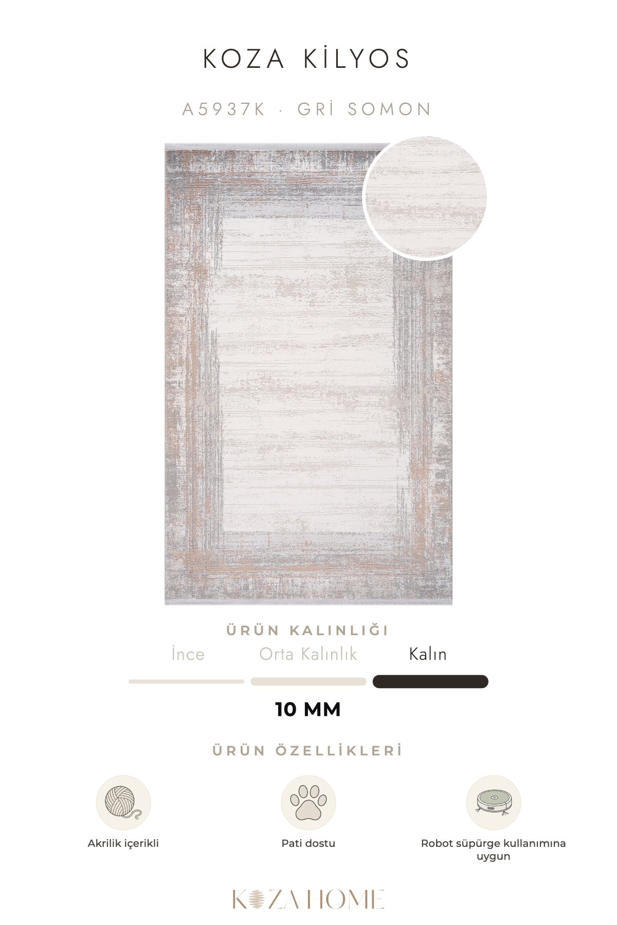 Koza Kilyos Gri Somon Pastel Salon Halısı A5937K