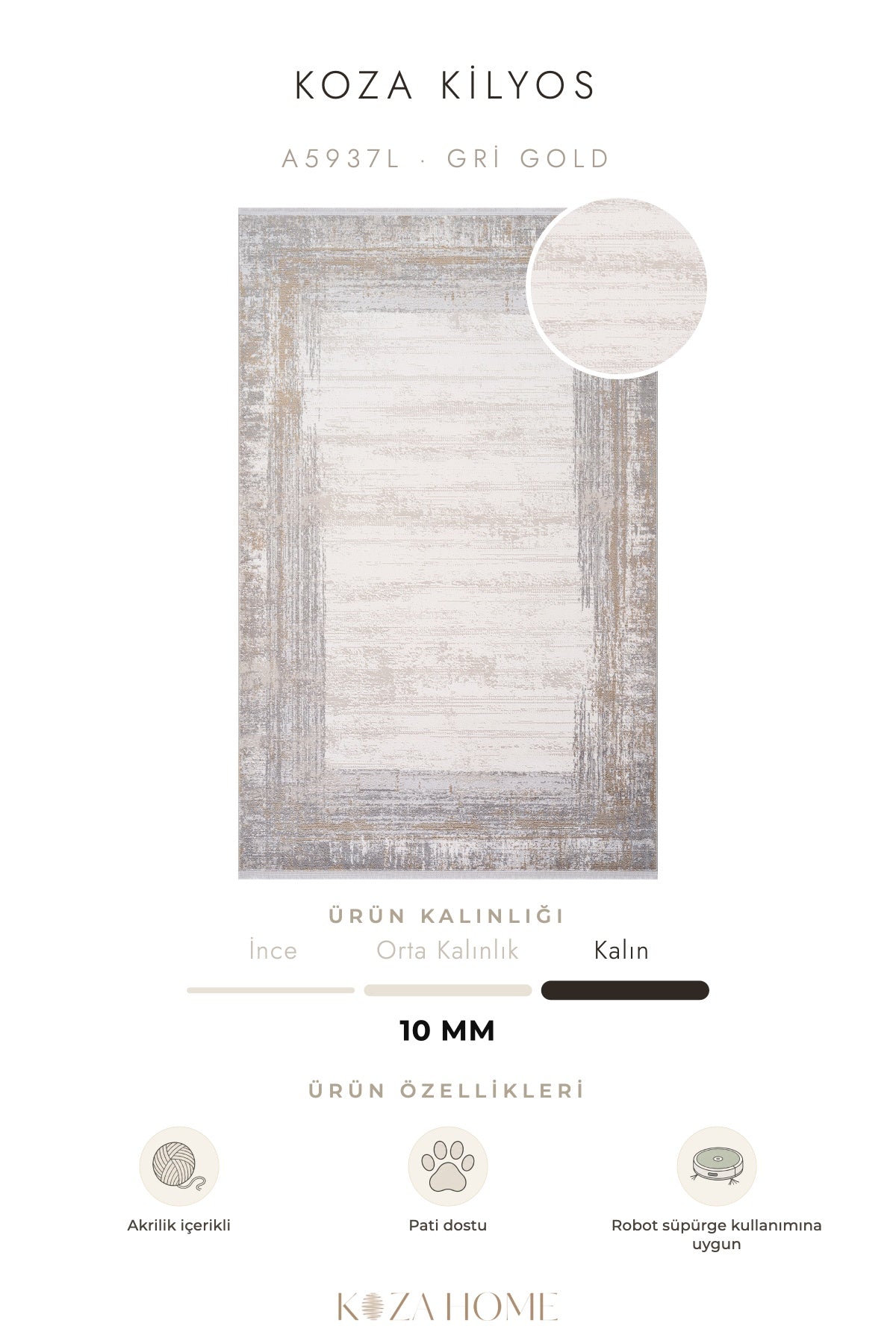 Koza Kilyos Gri Gold Pastel Salon Halısı A5937L