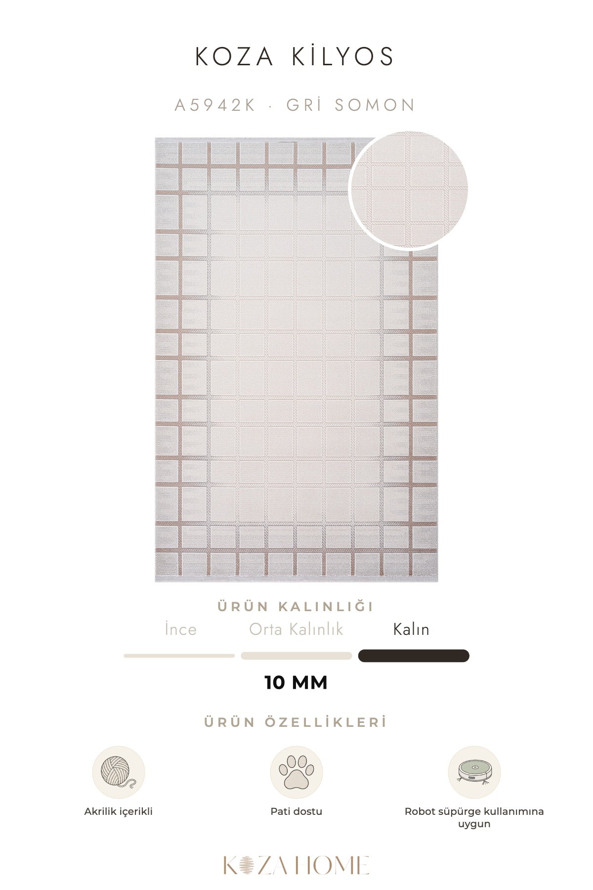 Koza Kilyos Gri Somon Pastel Salon Halısı A5942K