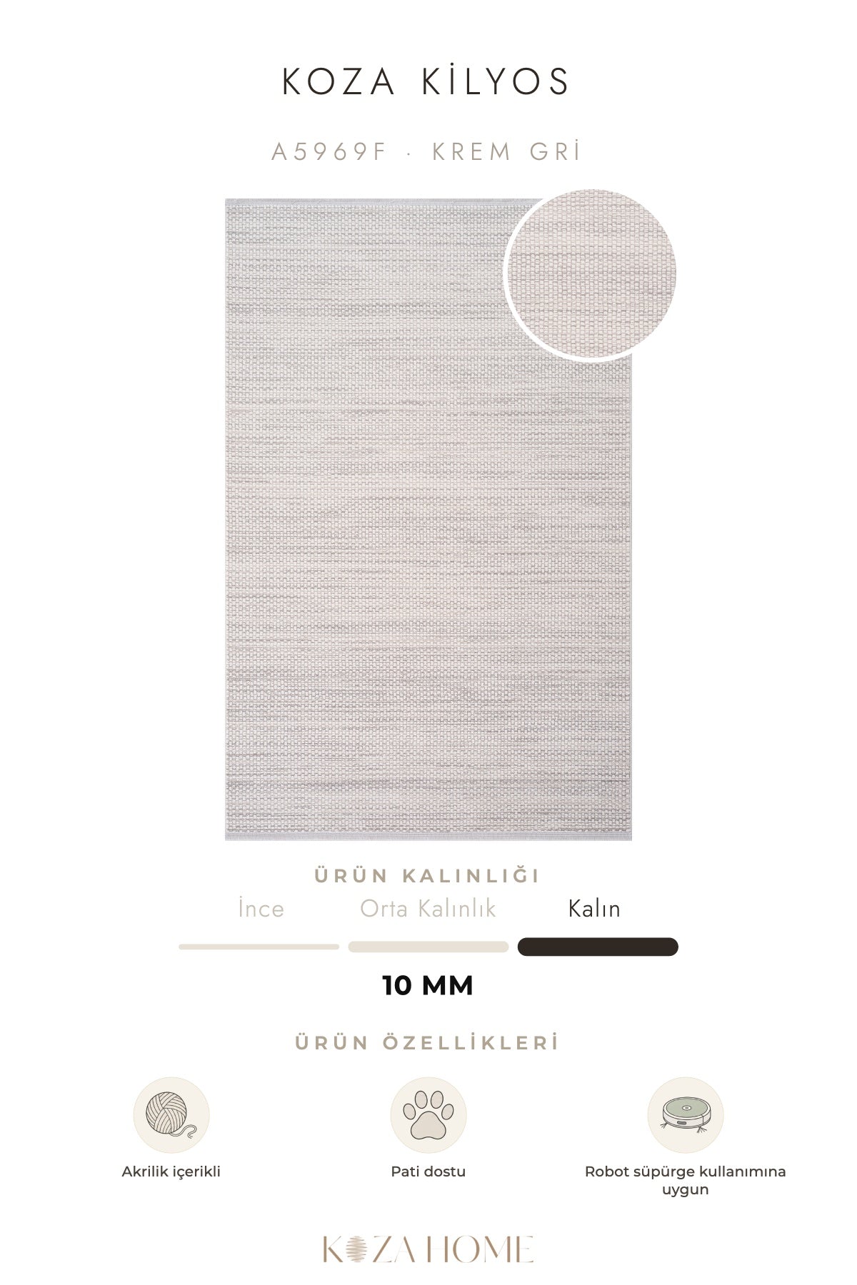 Koza Kilyos Krem Gri Pastel Salon Halısı A5969F