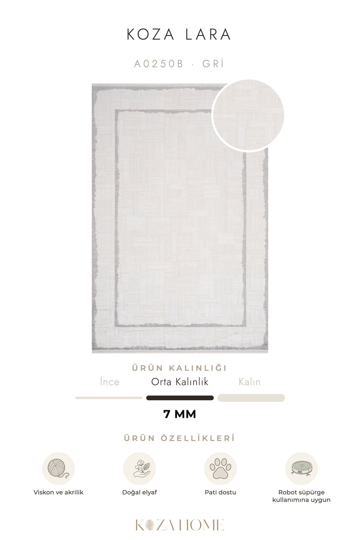 Koza Lara Gri Parlak Tuşeli Salon Halısı A0250B