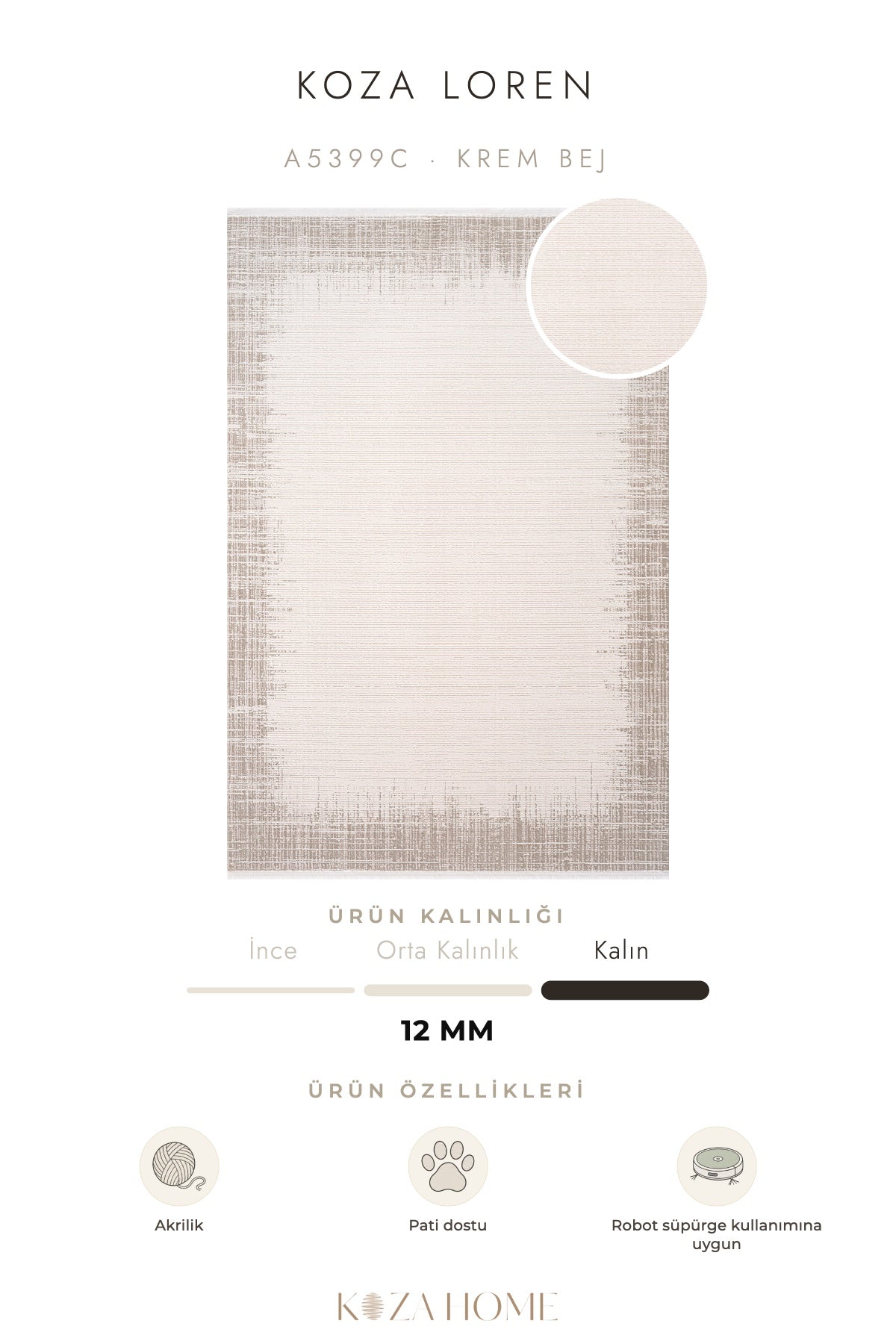 Koza Loren Krem Bej Uzun Havlı Salon Halısı A5399C