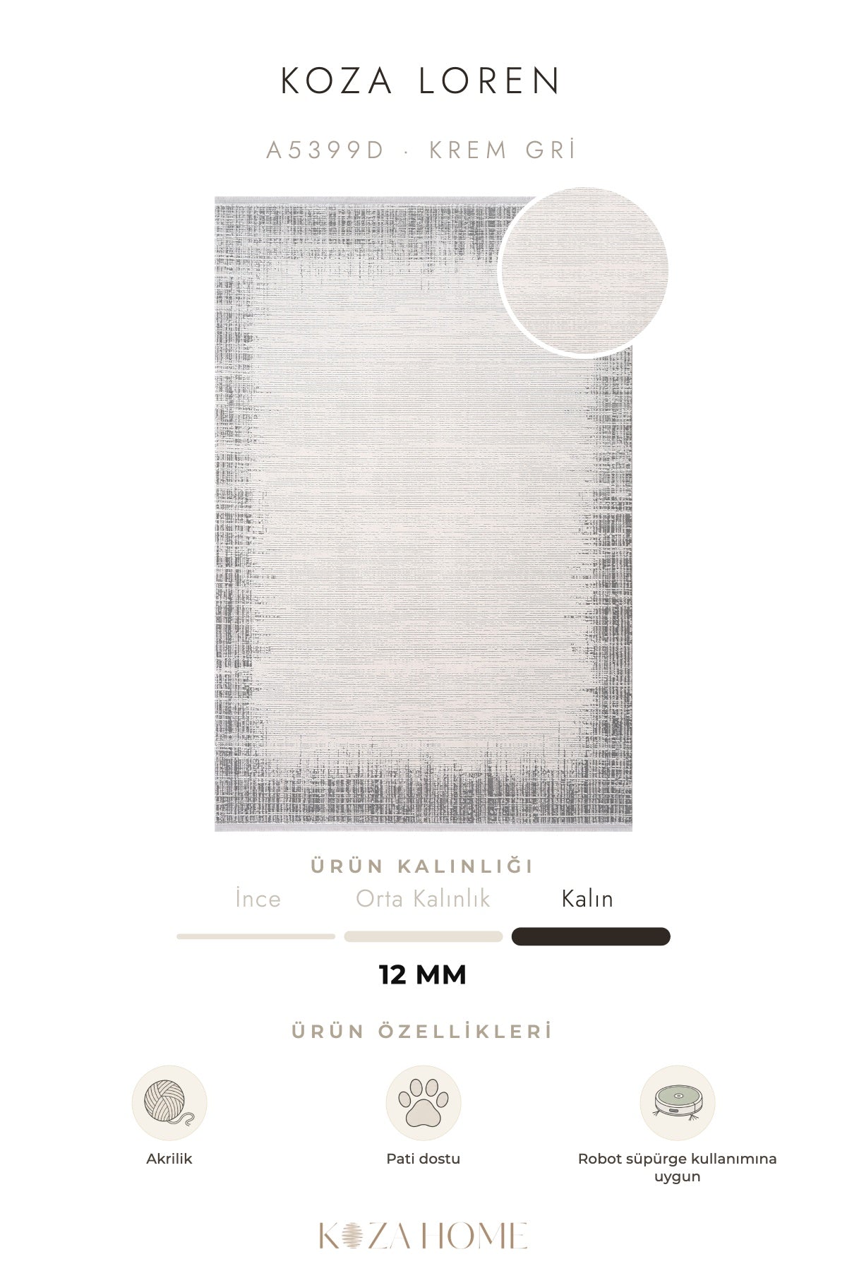 Koza Loren Krem Gri Uzun Havlı Salon Halısı A5399D