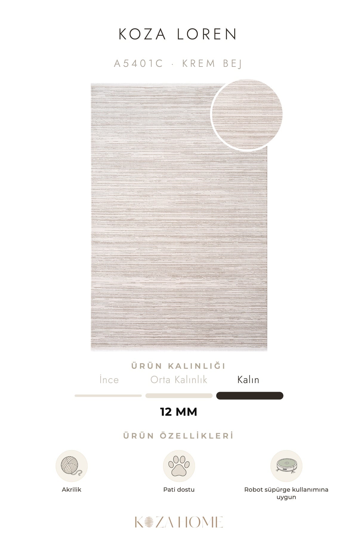 Koza Loren Krem Bej Uzun Havlı Salon Halısı A5401C