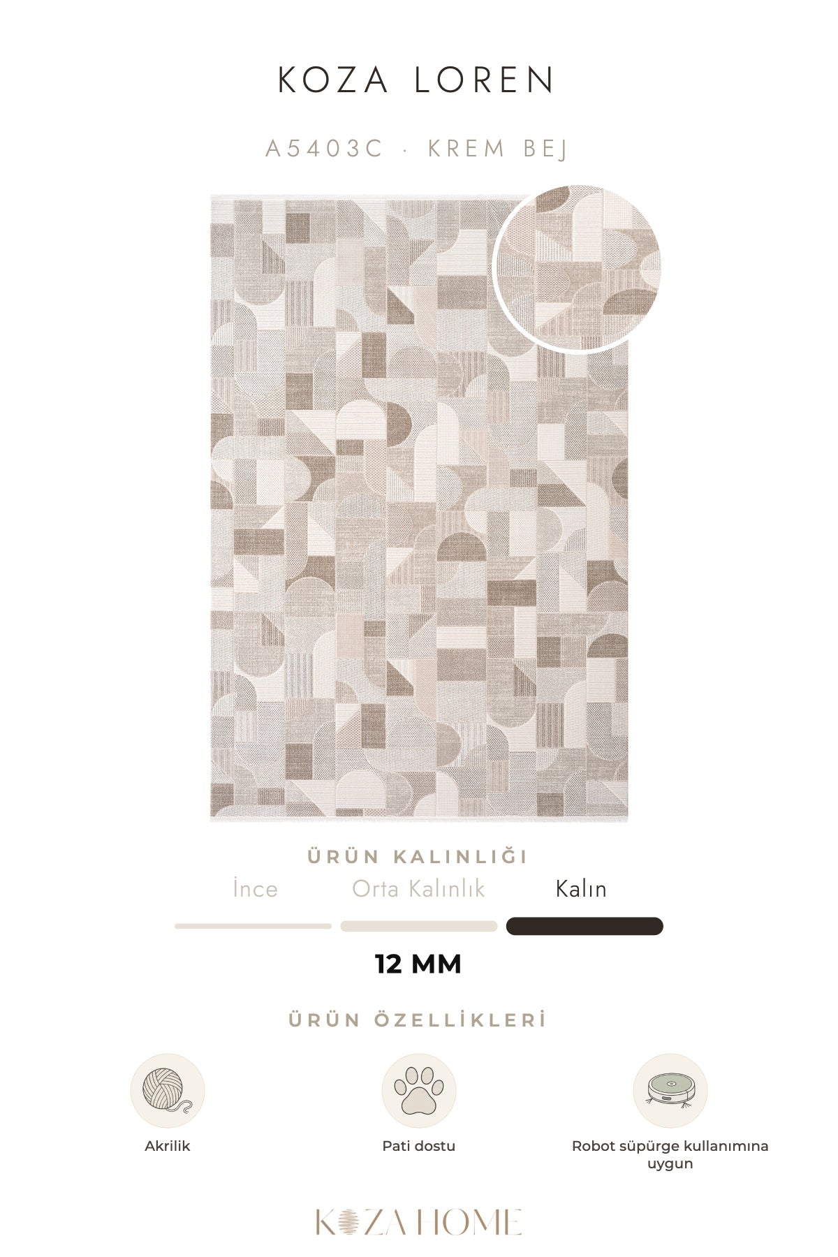Koza Loren Krem Bej Uzun Havlı Salon Halısı A5403C