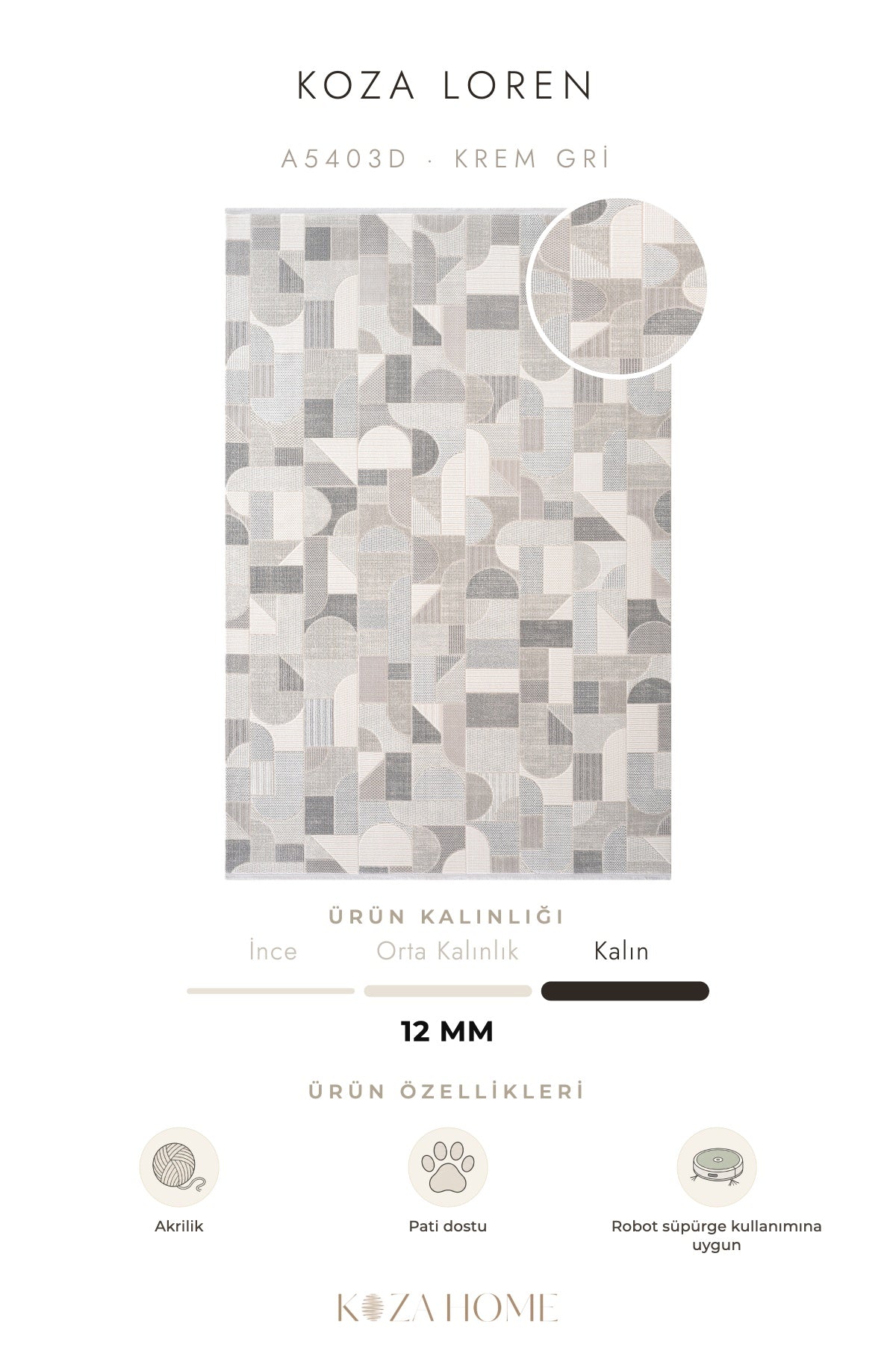 Koza Loren Krem Gri Uzun Havlı Salon Halısı A5403D