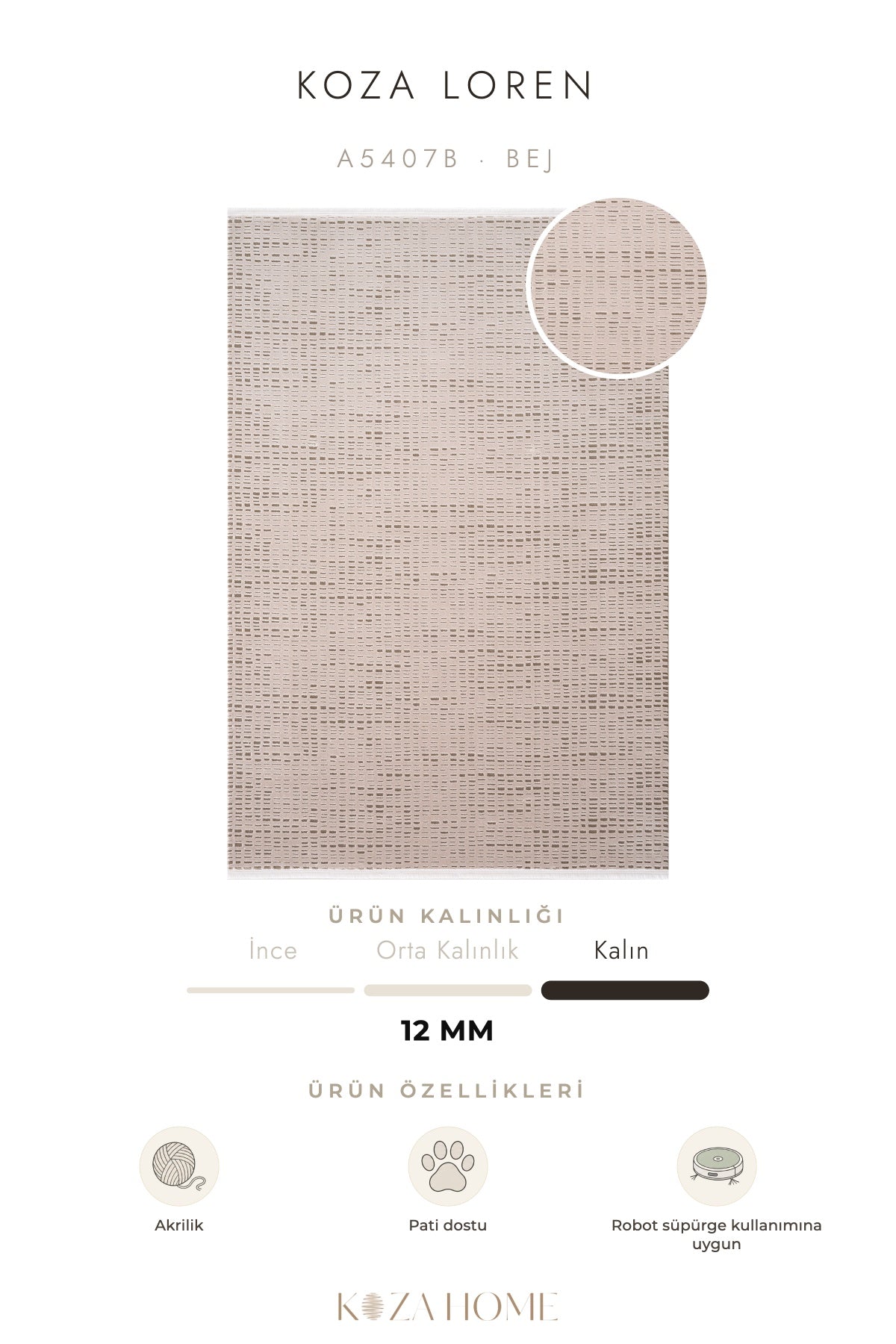 Koza Loren Bej Uzun Havlı Salon Halısı A5407B
