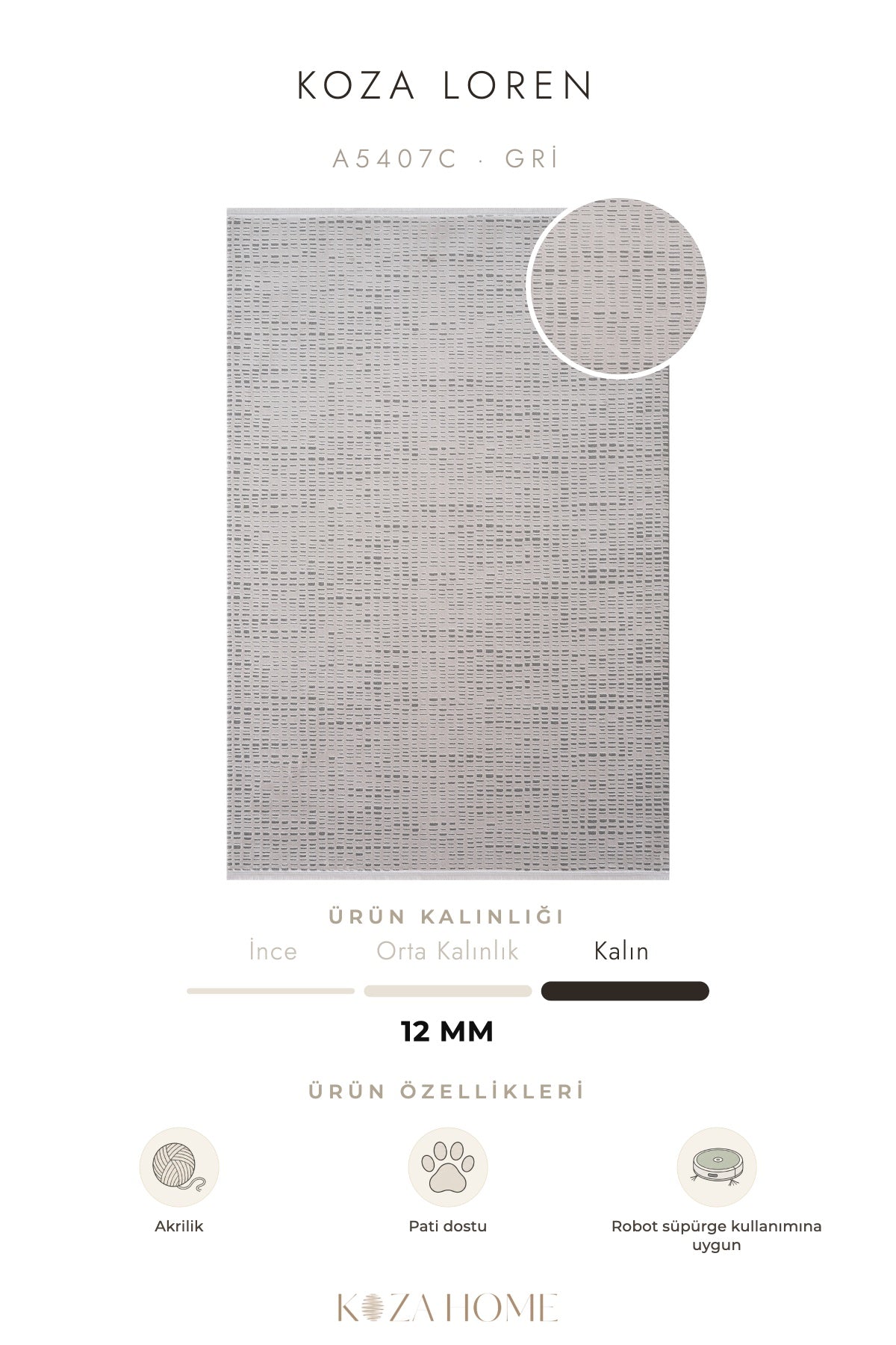 Koza Loren Gri Uzun Havlı Salon Halısı A5407C