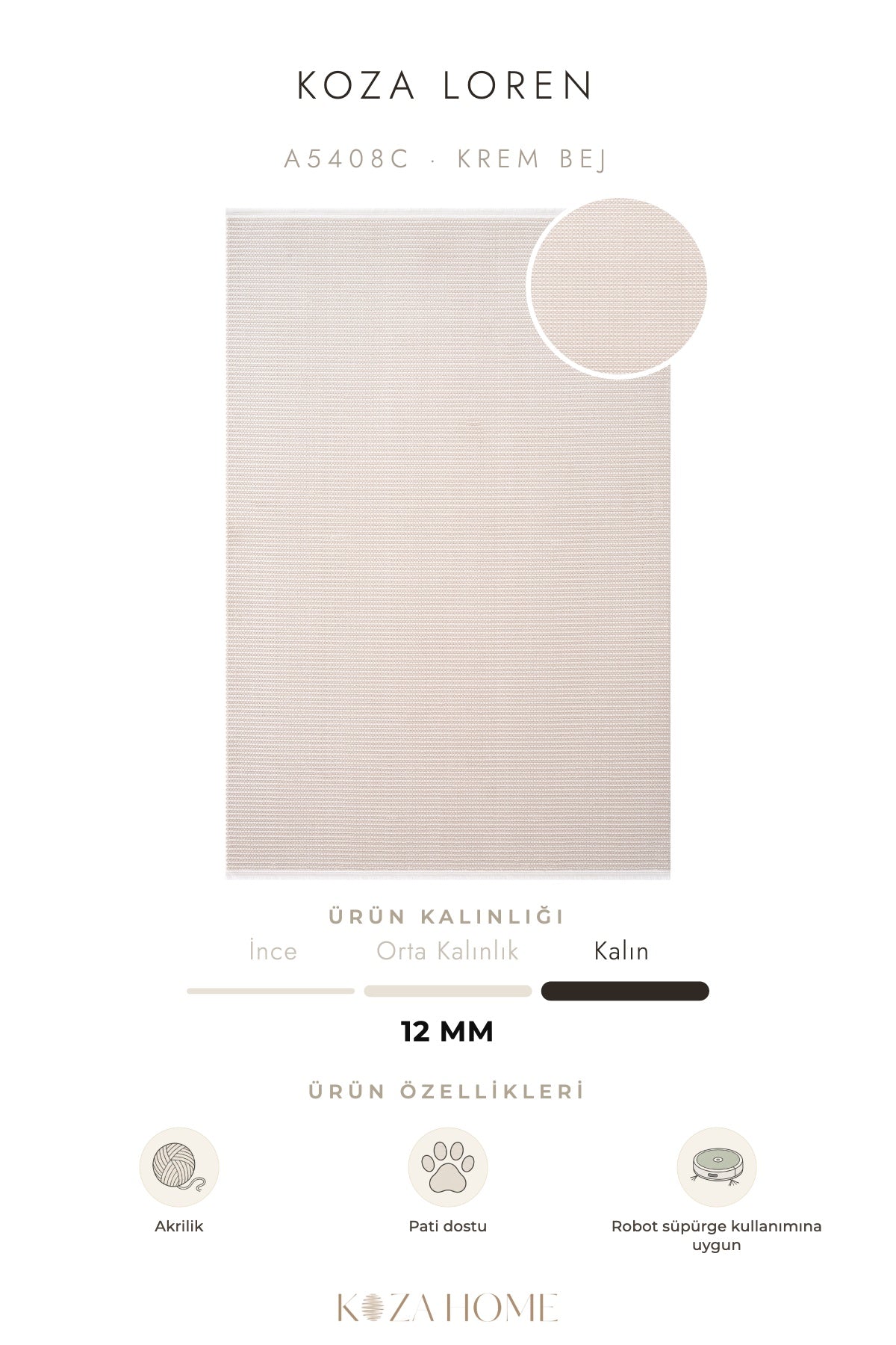 Koza Loren Krem Bej Uzun Havlı Salon Halısı A5408C