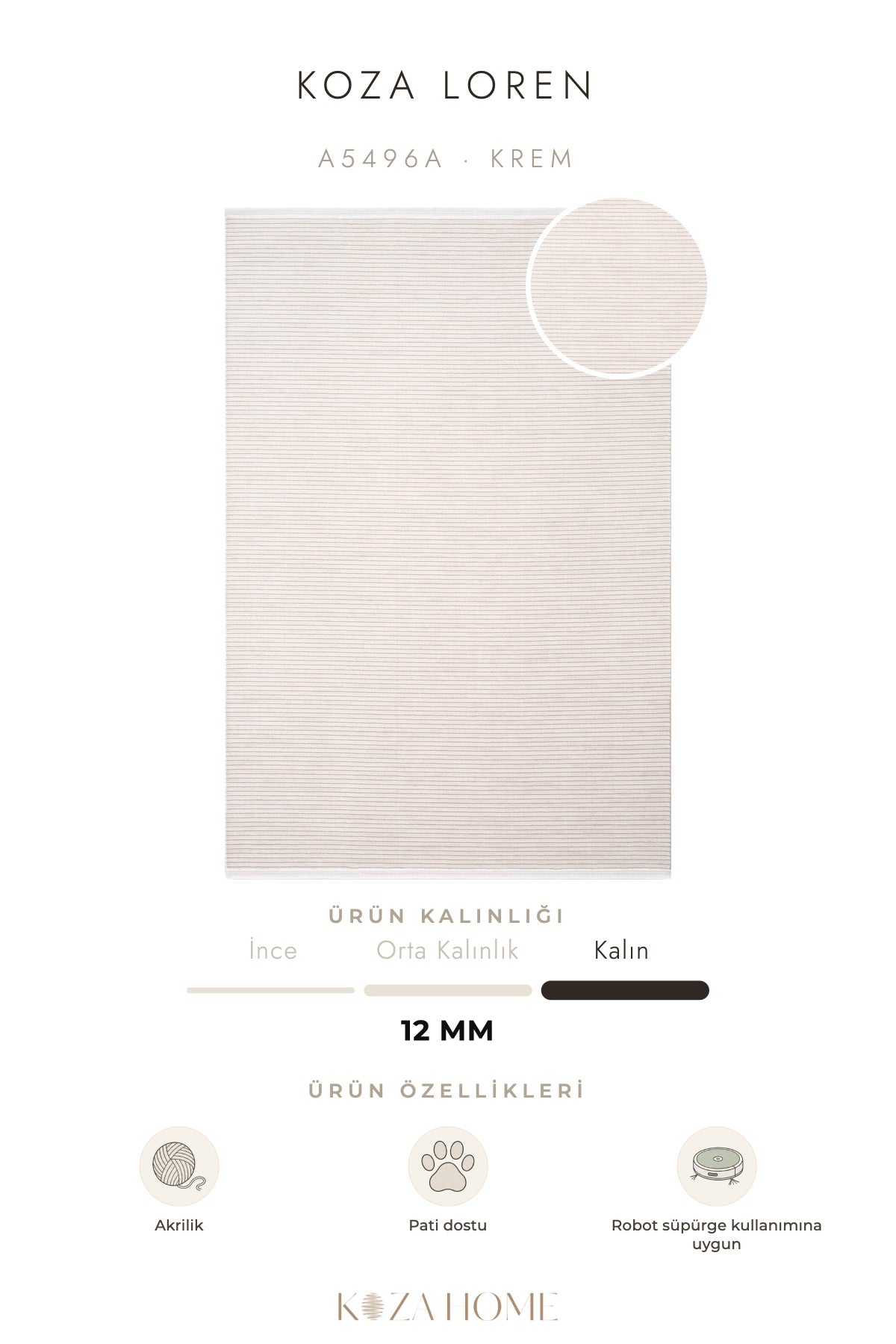 Koza Loren Krem Uzun Havlı Salon Halısı A5496A