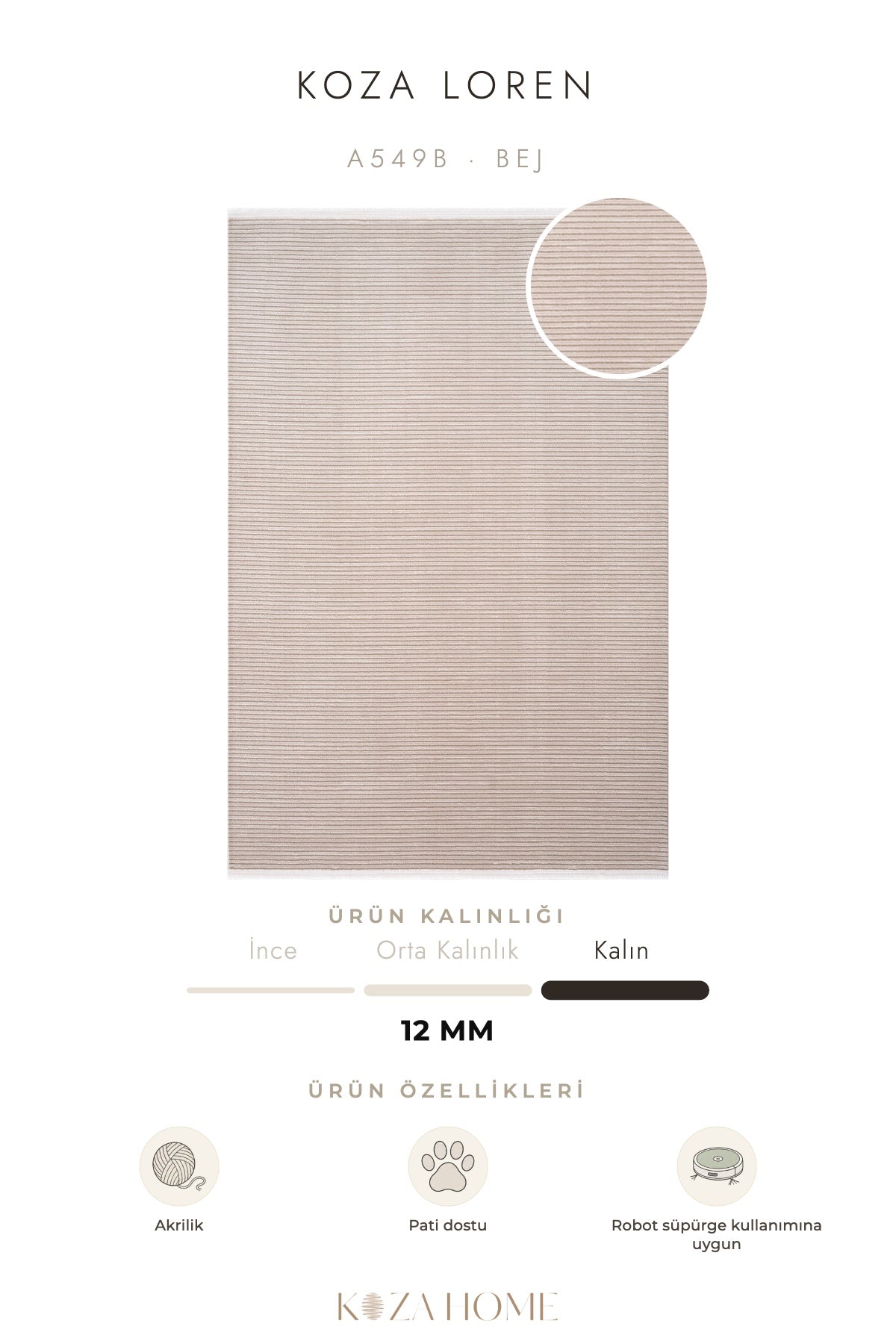 Koza Loren Bej Uzun Havlı Salon Halısı A5496B