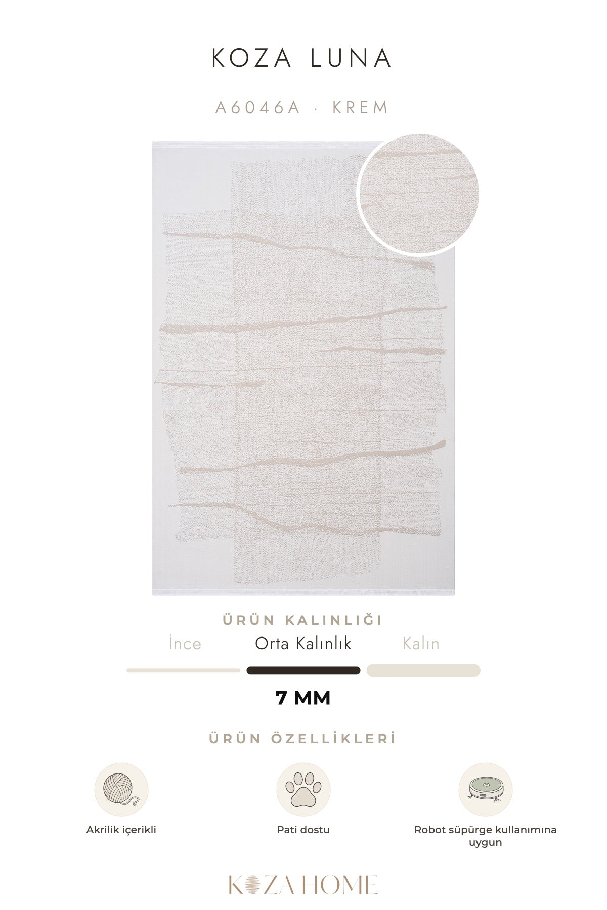 Koza Luna Krem Çizgisel Salon Halısı A6046A